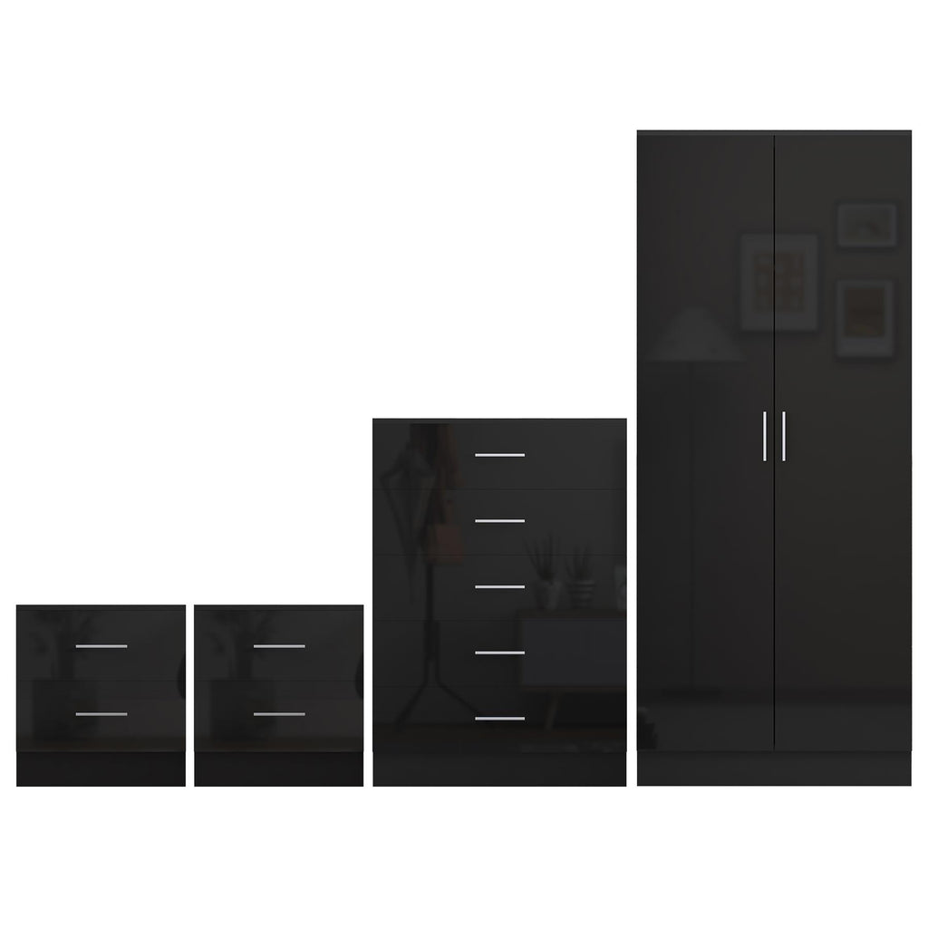 Reflect 2 Door Plain Wardrobe, 5 Drawer Chest, 2x 2 Drawer Bedsides - Black Gloss & Black Oak - Modern Bedroom Furniture Set