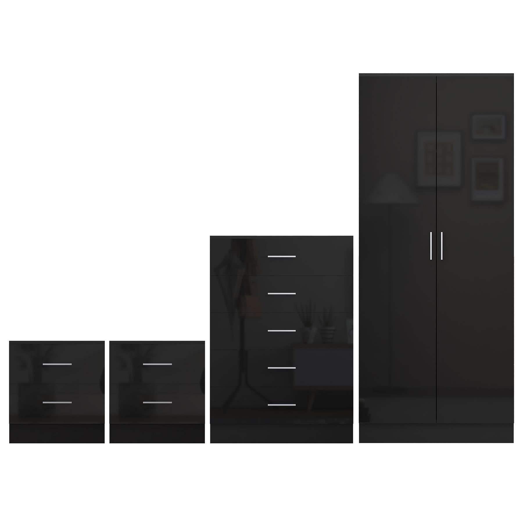 Reflect 2 Door Plain Wardrobe, 5 Drawer Chest, 2x 2 Drawer Bedsides - Black Gloss & Black Oak - Modern Bedroom Furniture Set