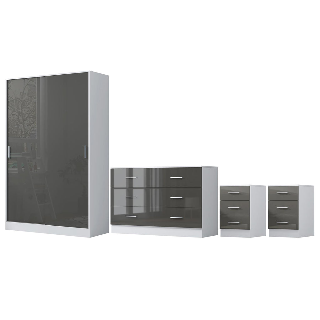 Reflect 2 Door Sliding Wardrobe, 6 Drawer Wide Chest, 2x3 Drawer Bedsides - Grey Gloss & Matt White - Modern Bedroom Furniture Set
