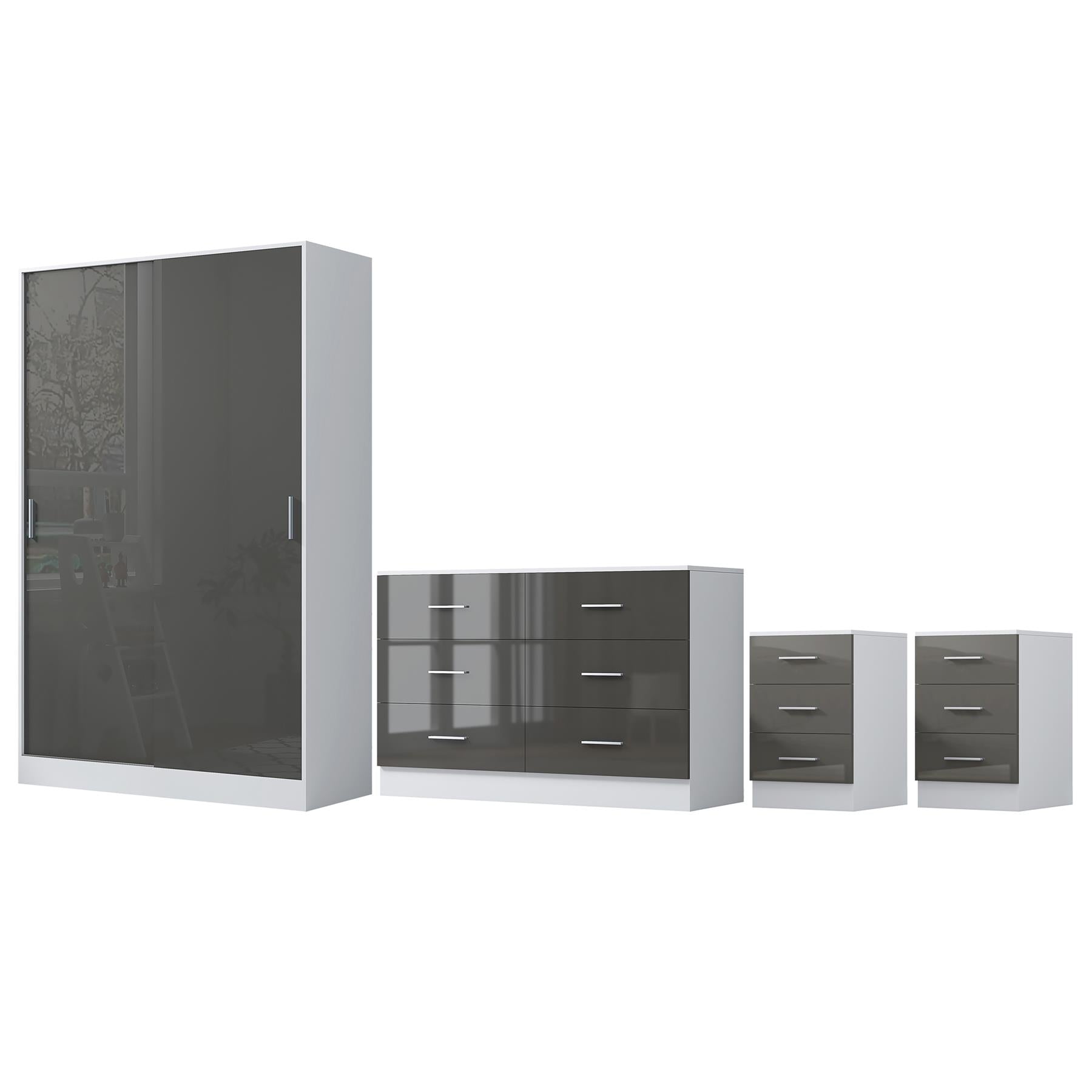 Reflect 2 Door Sliding Wardrobe, 6 Drawer Wide Chest, 2x3 Drawer Bedsides - Grey Gloss & Matt White - Modern Bedroom Furniture Set