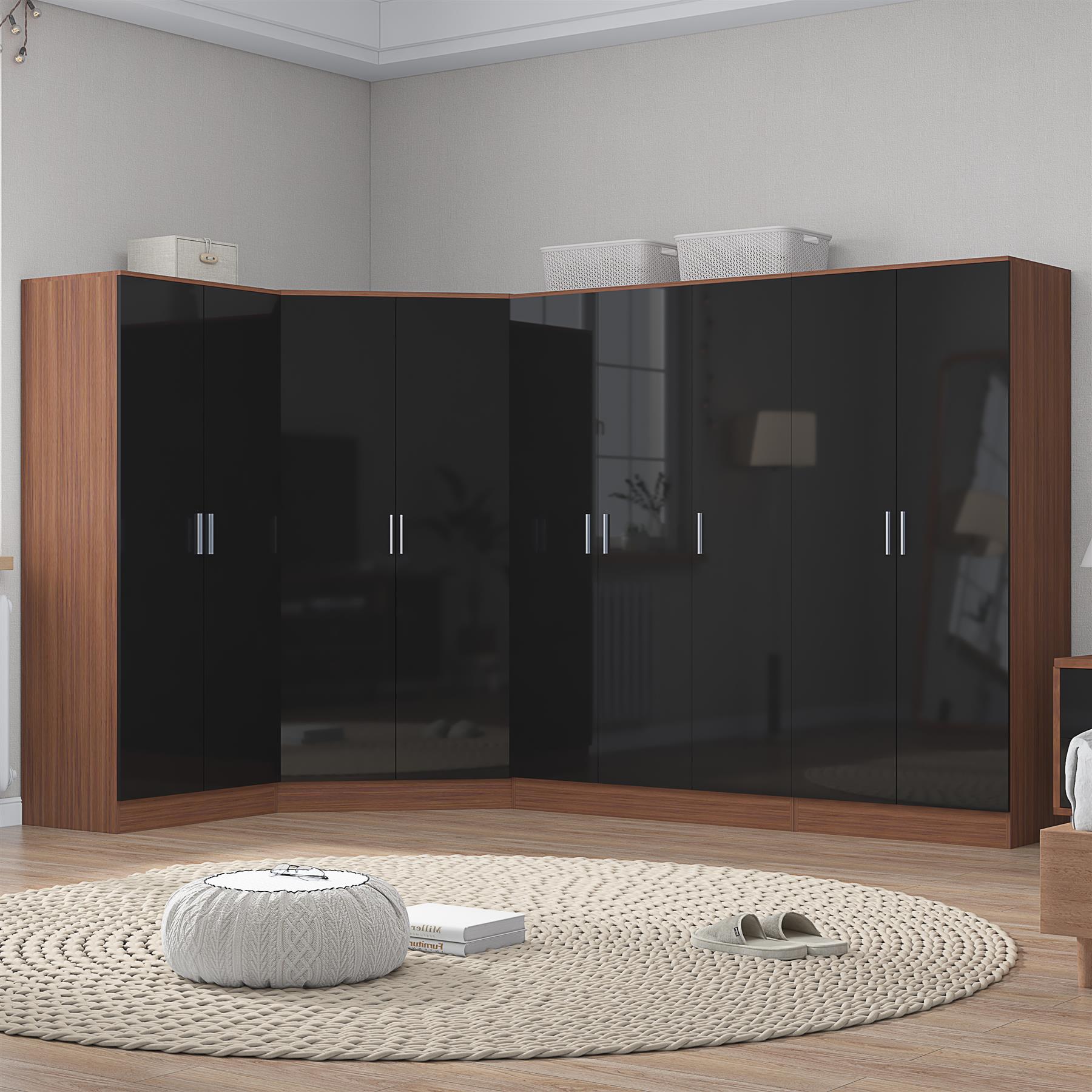 Reflect 4pc Wardrobe Bundle - 2 Door Corner + 3 Door Plain + 2x 2 Door Plain - Black Gloss & Walnut