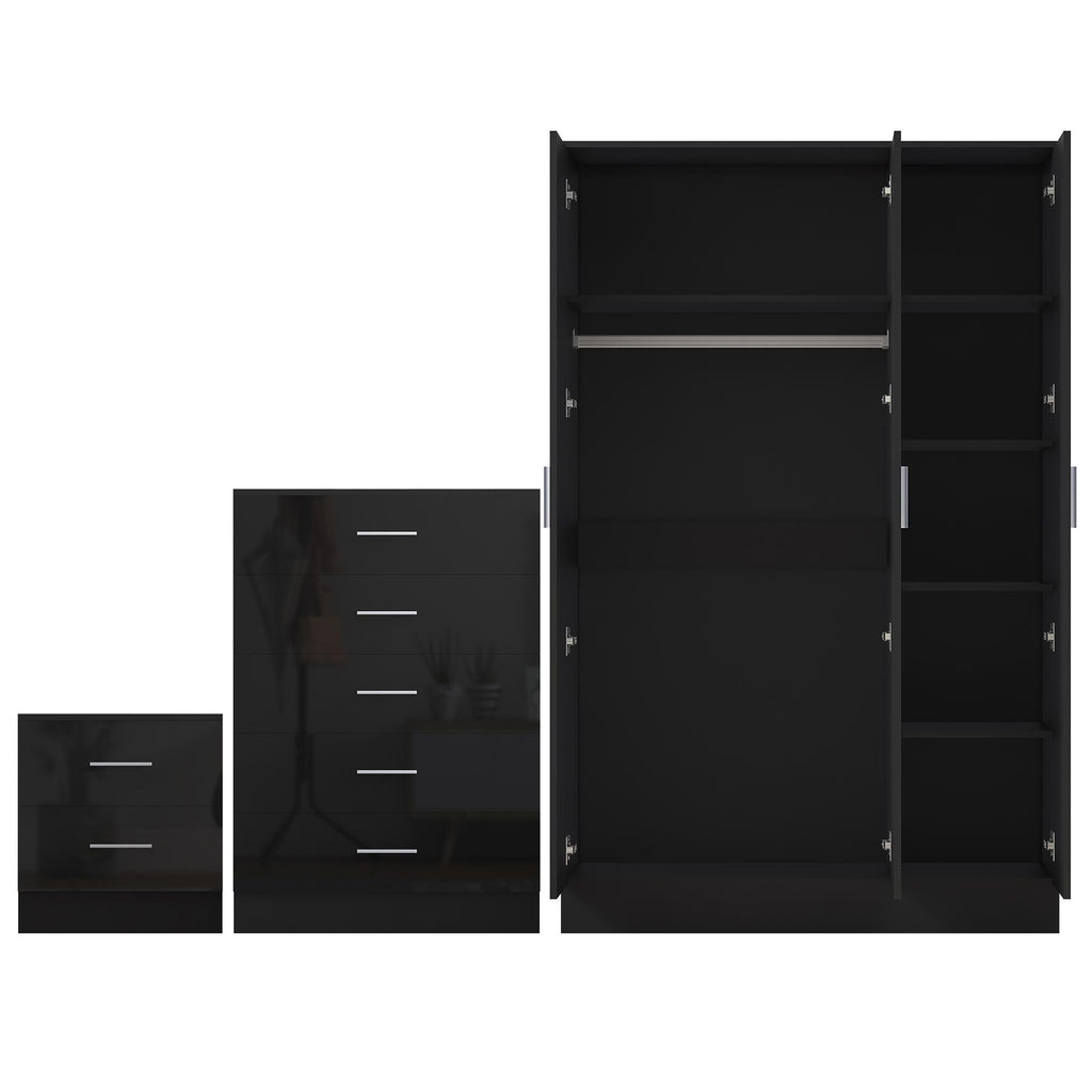 REFLECT Gloss 3pc Set - 3 Door Mirrored Wardrobe + 5 Draw Chest + Bedside