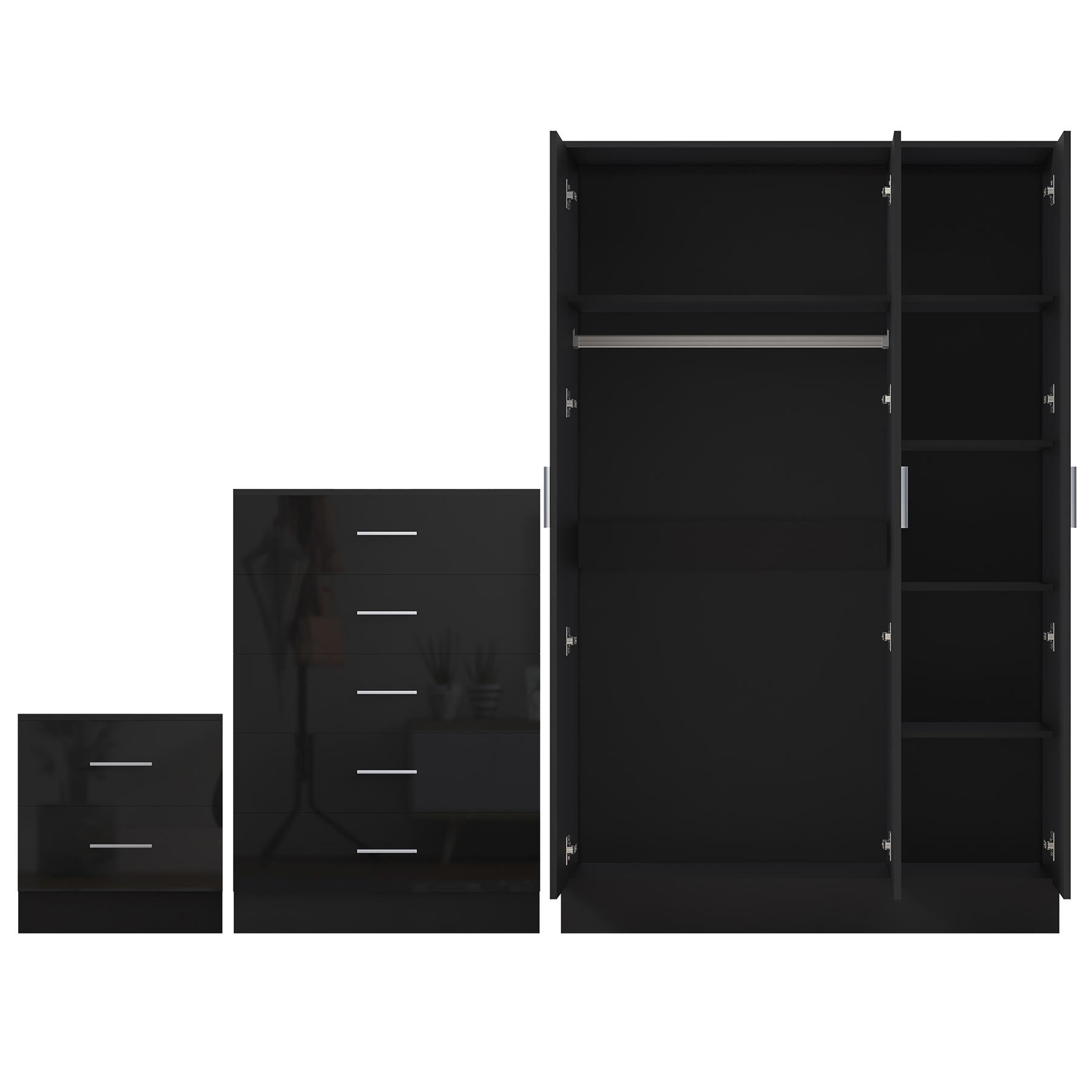 REFLECT Gloss 3pc Set - 3 Door Mirrored Wardrobe + 5 Draw Chest + Bedside