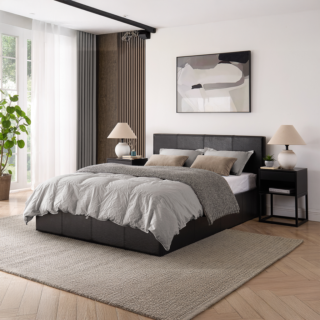 LUNA Faux Leather Ottoman Storage Bedframe in Black 4 Size + Mattress Options