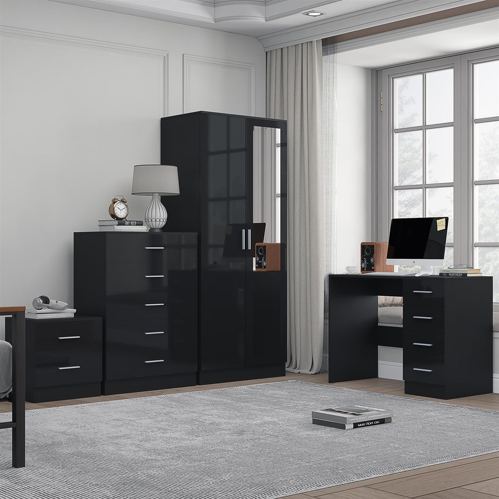 Reflect 2 Door Mirror Wardrobe, 5 Drawer Chest, 2 Drawer Bedside & Desk - Black Gloss & Black Oak - Modern Bedroom Furniture Set