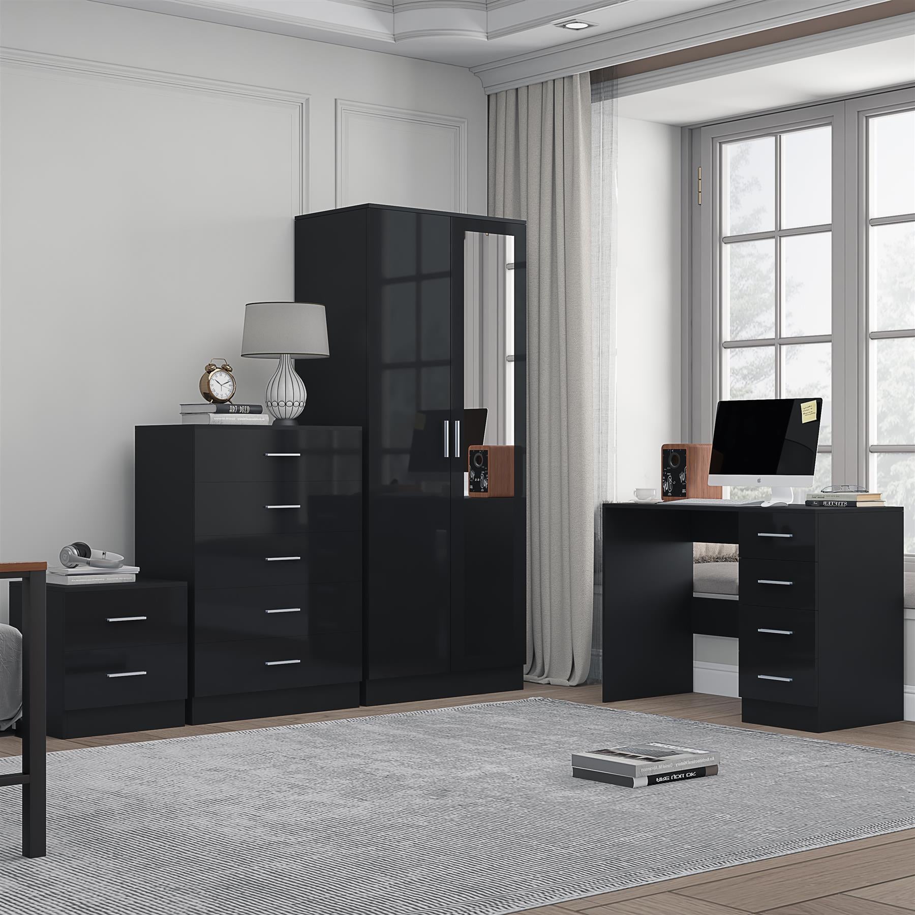 Reflect 2 Door Mirror Wardrobe, 5 Drawer Chest, 2 Drawer Bedside & Desk - Black Gloss & Black Oak - Modern Bedroom Furniture Set