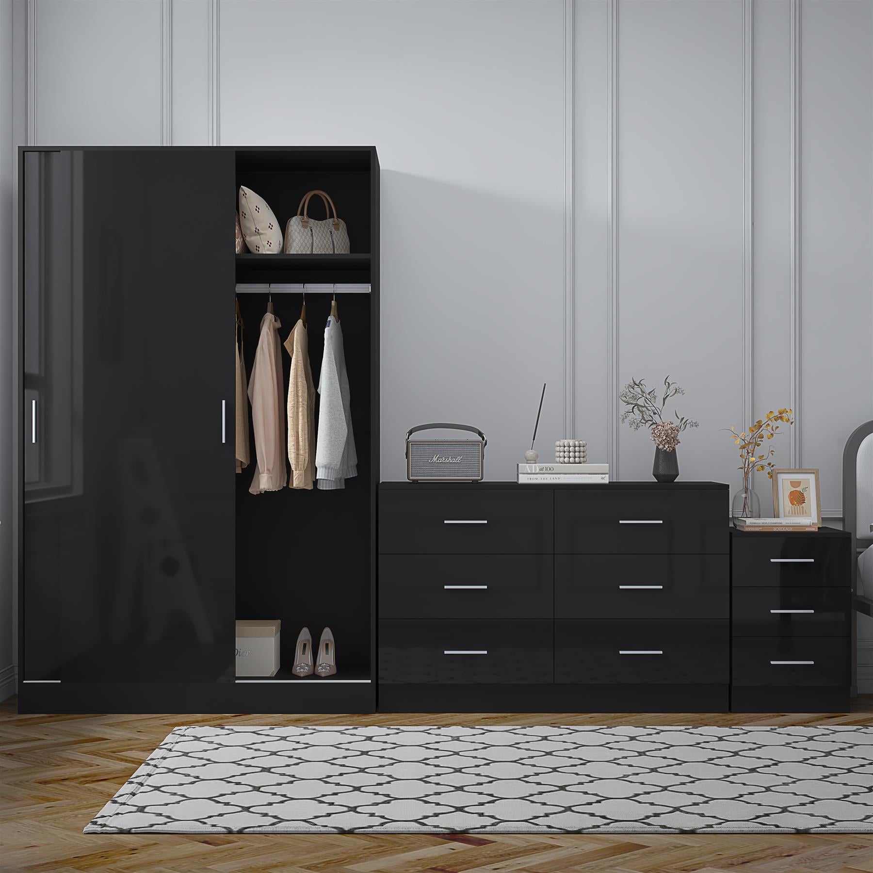 Reflect 2 Door Sliding Wardrobe, 6 Drawer Wide Chest, 3 Drawer Bedside - Black Gloss & Black Oak - Modern Bedroom Furniture Set