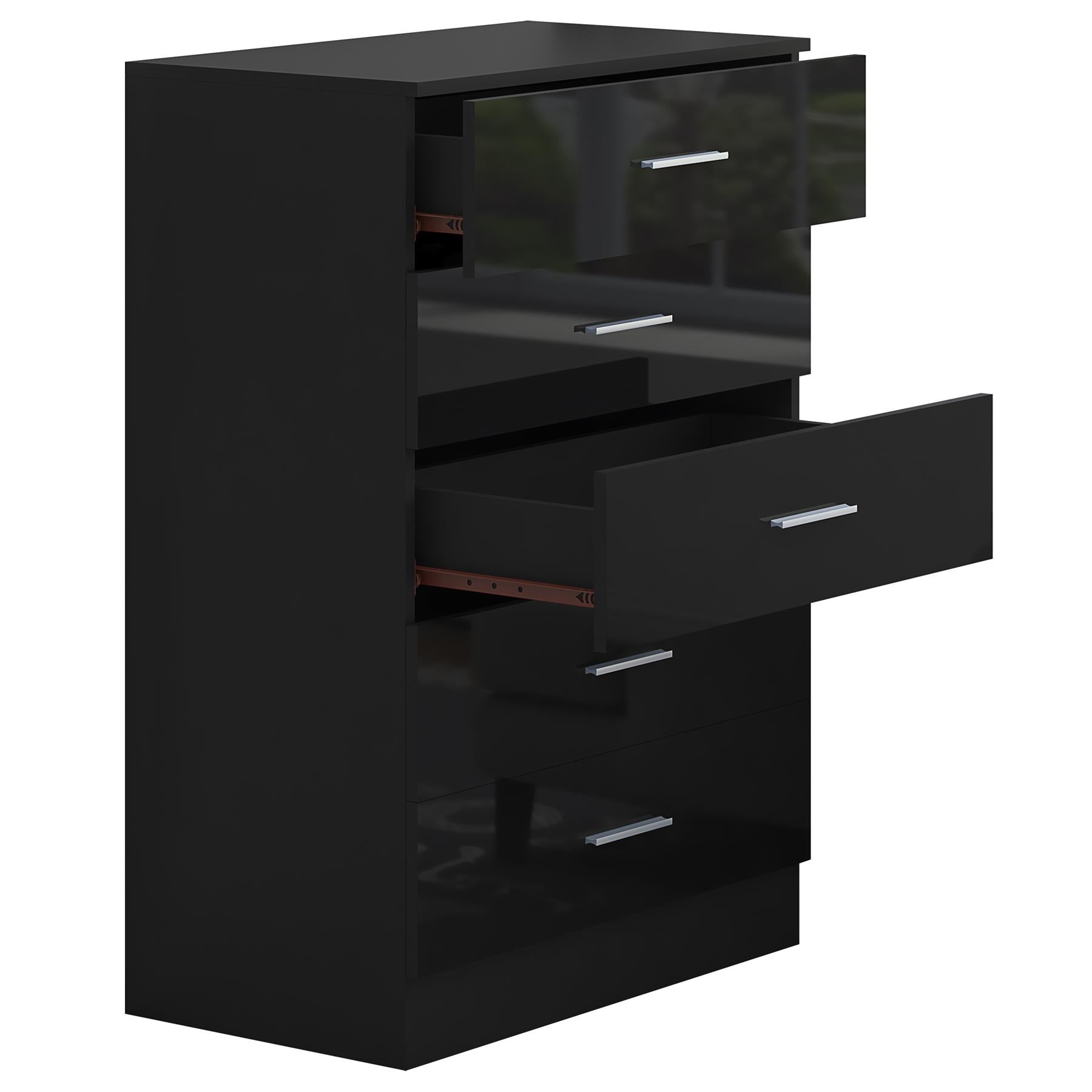 Reflect 5 Drawer Chest - Black Gloss & Black Oak - Modern Vertical Bedroom Storage Unit - H: 100cm x W: 70cm x D: 40cm