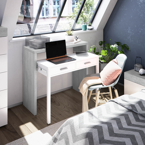 AMBRA Computer Desk with 2 Drawers - White & Cement