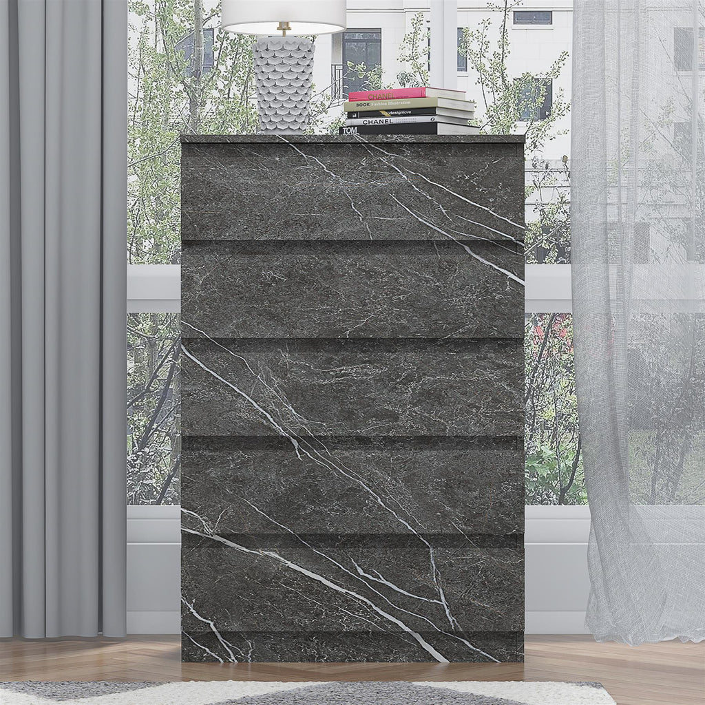 ZITA Grey Marble Effect 5 Drawer Chest - Modern Storage Unit, (L) 40cm x (W) 70cm x (H) 107cm, Stylish Bedroom Storage