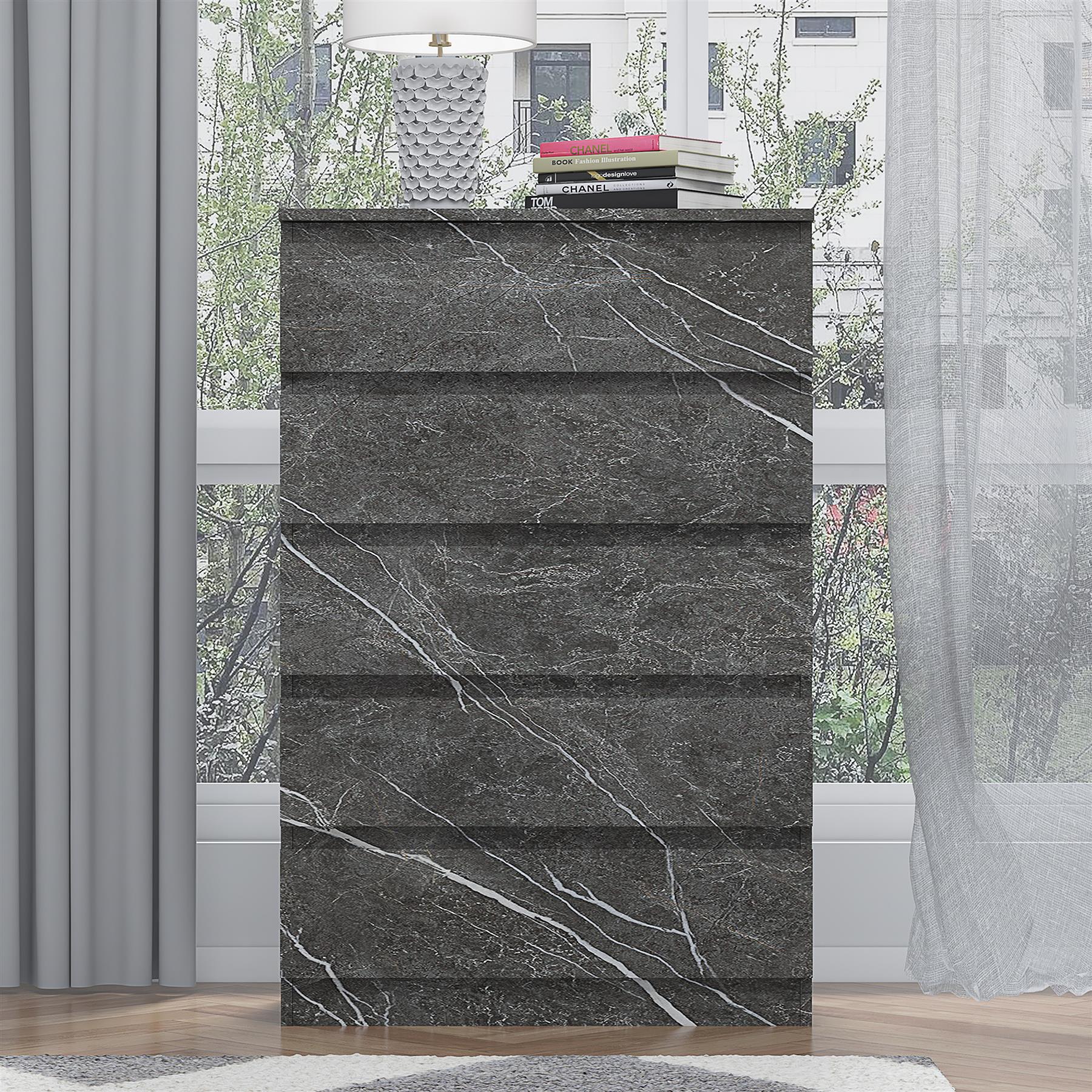 ZITA Grey Marble Effect 5 Drawer Chest - Modern Storage Unit, (L) 40cm x (W) 70cm x (H) 107cm, Stylish Bedroom Storage