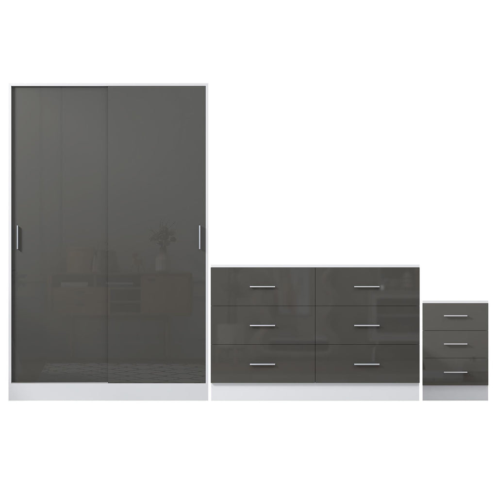Reflect 2 Door Sliding Wardrobe, 6 Drawer Wide Chest, 3 Drawer Bedside - Grey Gloss & Matt White - Modern Bedroom Furniture Set