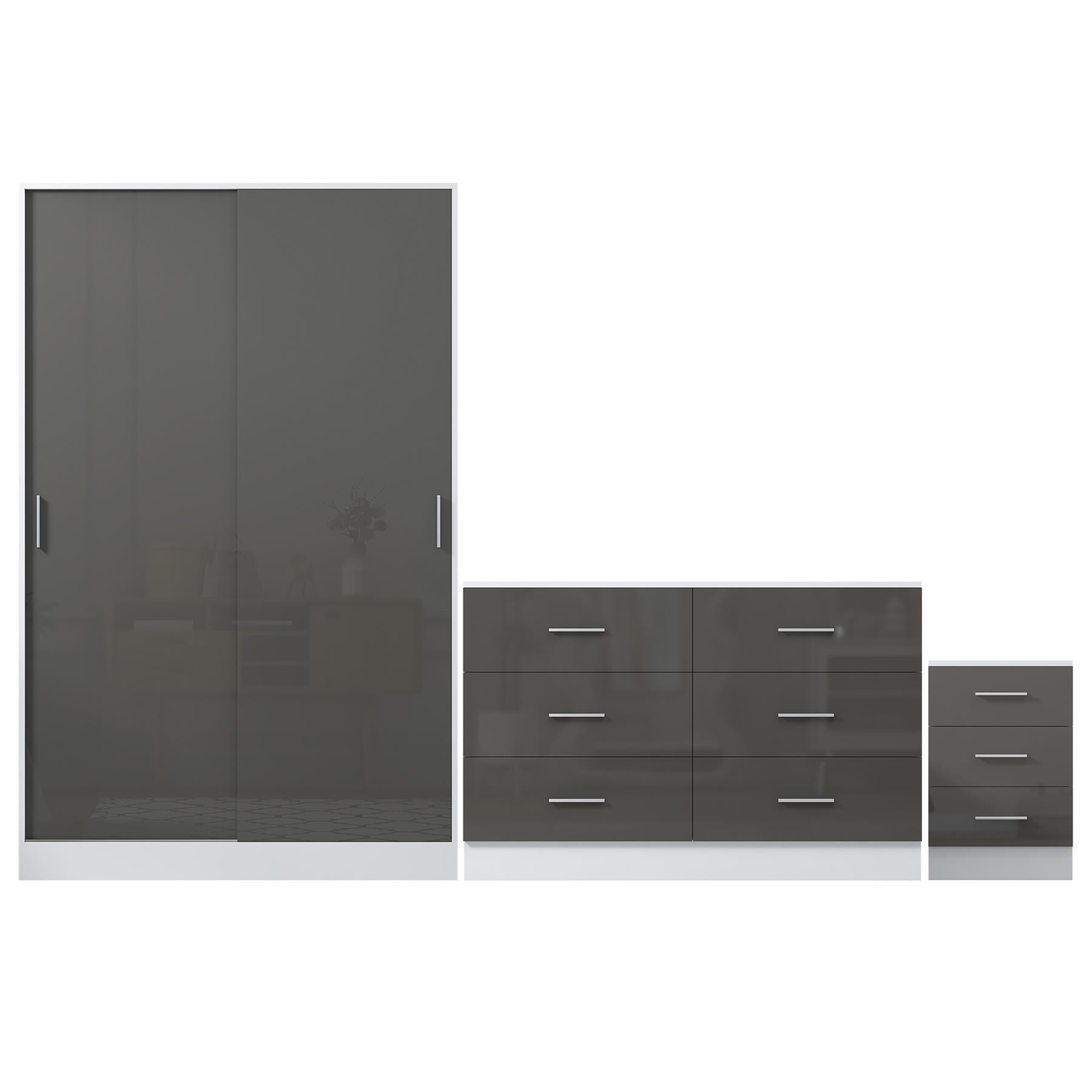 Reflect 2 Door Sliding Wardrobe, 6 Drawer Wide Chest, 3 Drawer Bedside - Grey Gloss & Matt White - Modern Bedroom Furniture Set