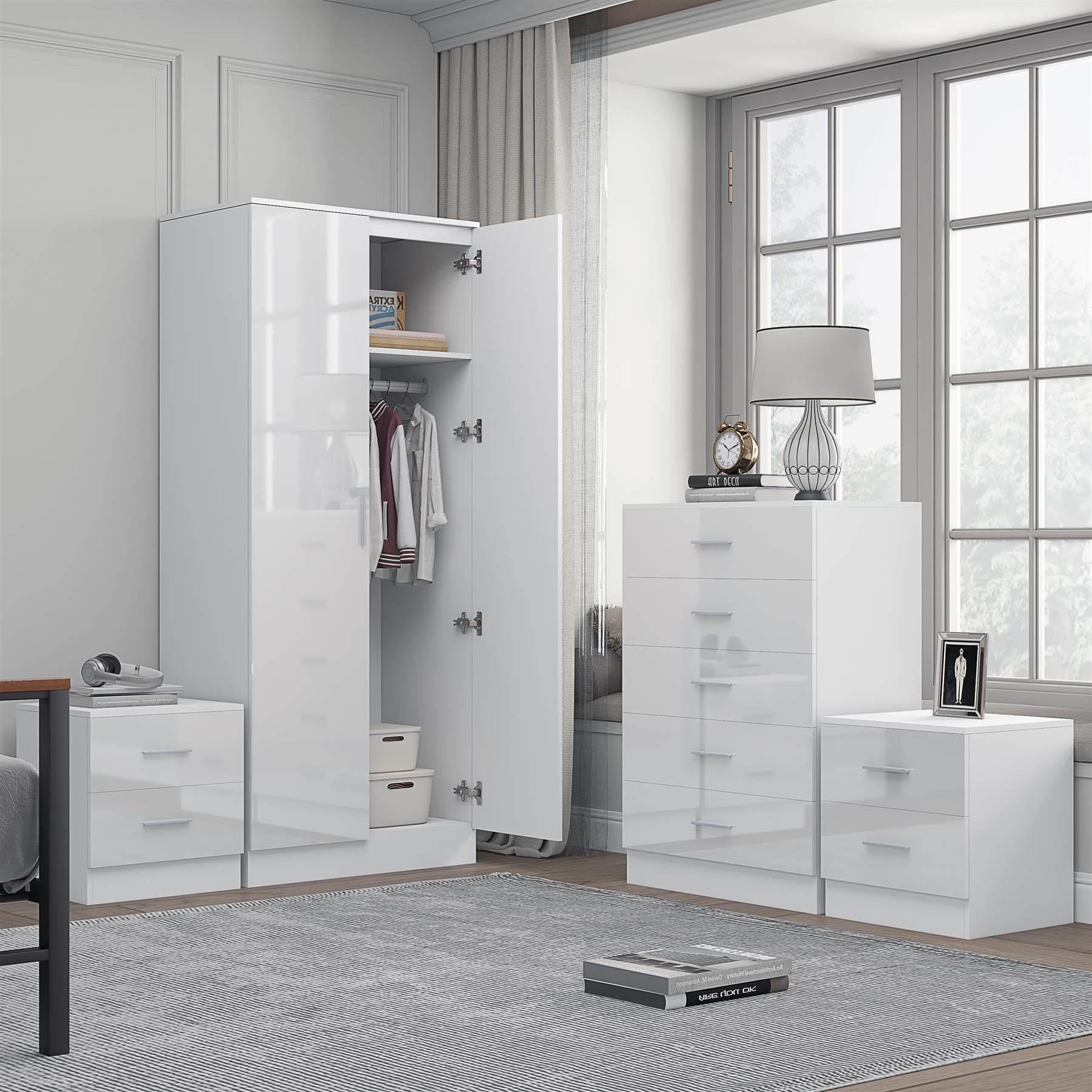 Reflect 2 Door Mirror Wardrobe, 5 Drawer Chest, 2x 2 Drawer Bedsides - White Gloss & Matt White - Modern Bedroom Furniture Set
