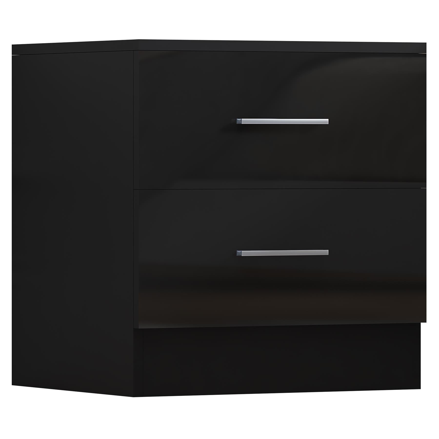 Reflect 2 Drawer Bedside - Black Gloss & Black Oak - Modern Nightstand for Bedroom Storage - H: 48.5cm x W: 45cm x D: 39.5cm