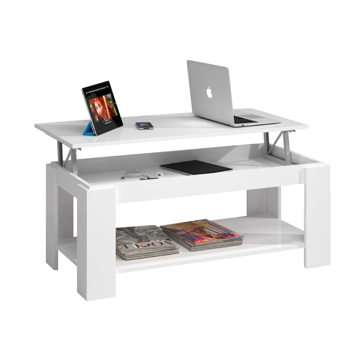 AMBIT White Lift-Up Storage Coffee Table with Shelf- Modern Living Room Furniture