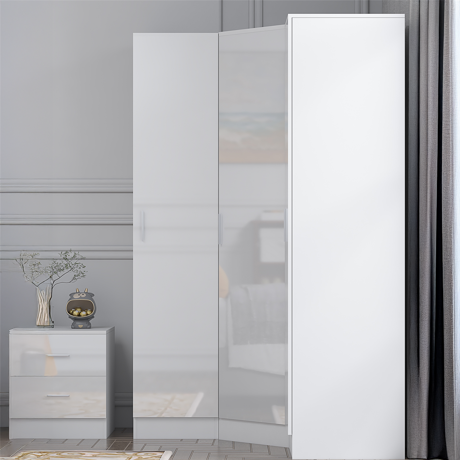 REFLECT - 1 Door Corner + 1 Door Plain Wardrobe in Gloss White / Matt White