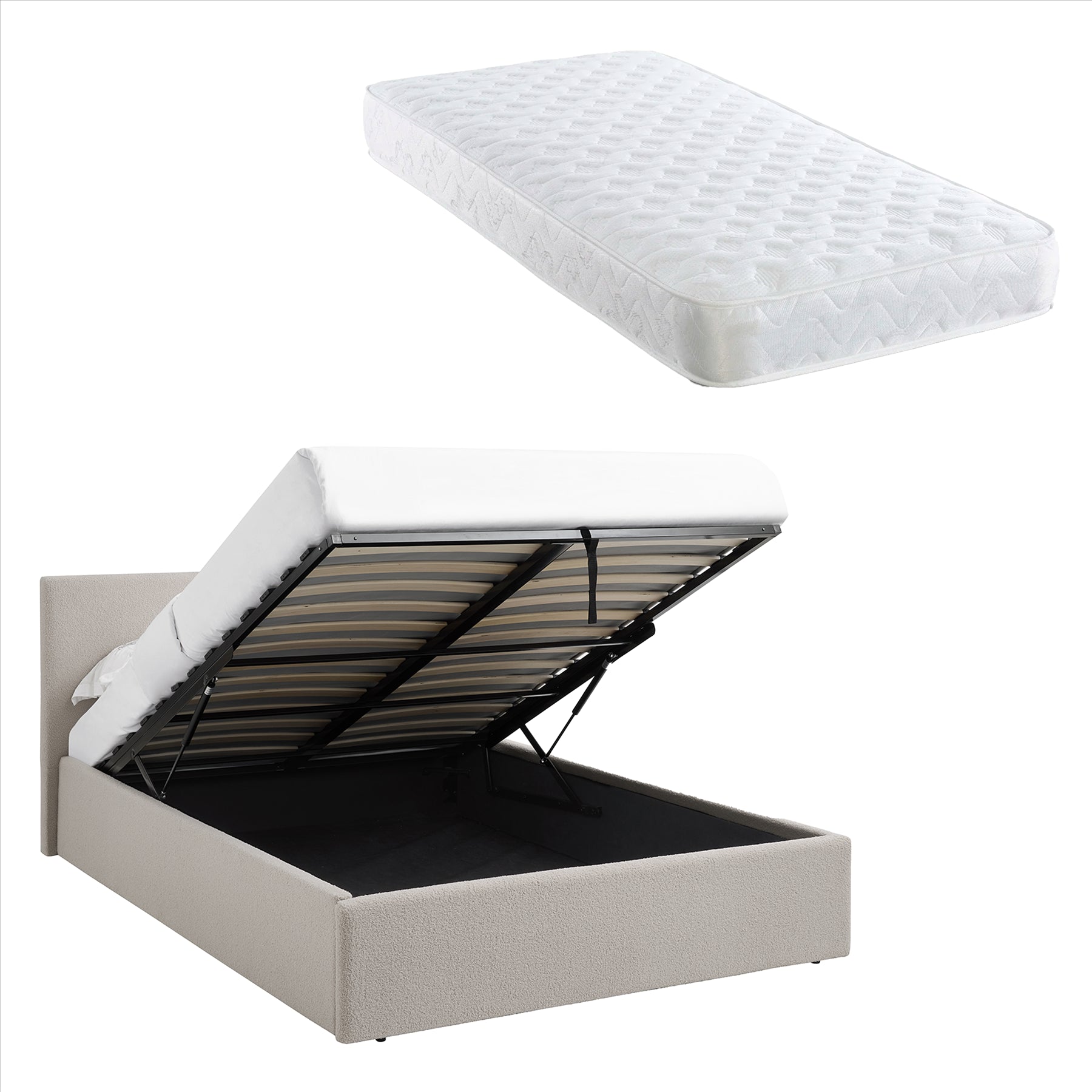 TEDDY Boucle Fabric Ottoman Storage Bed - 2 Colours + 4 Sizes + 6 Mattresses