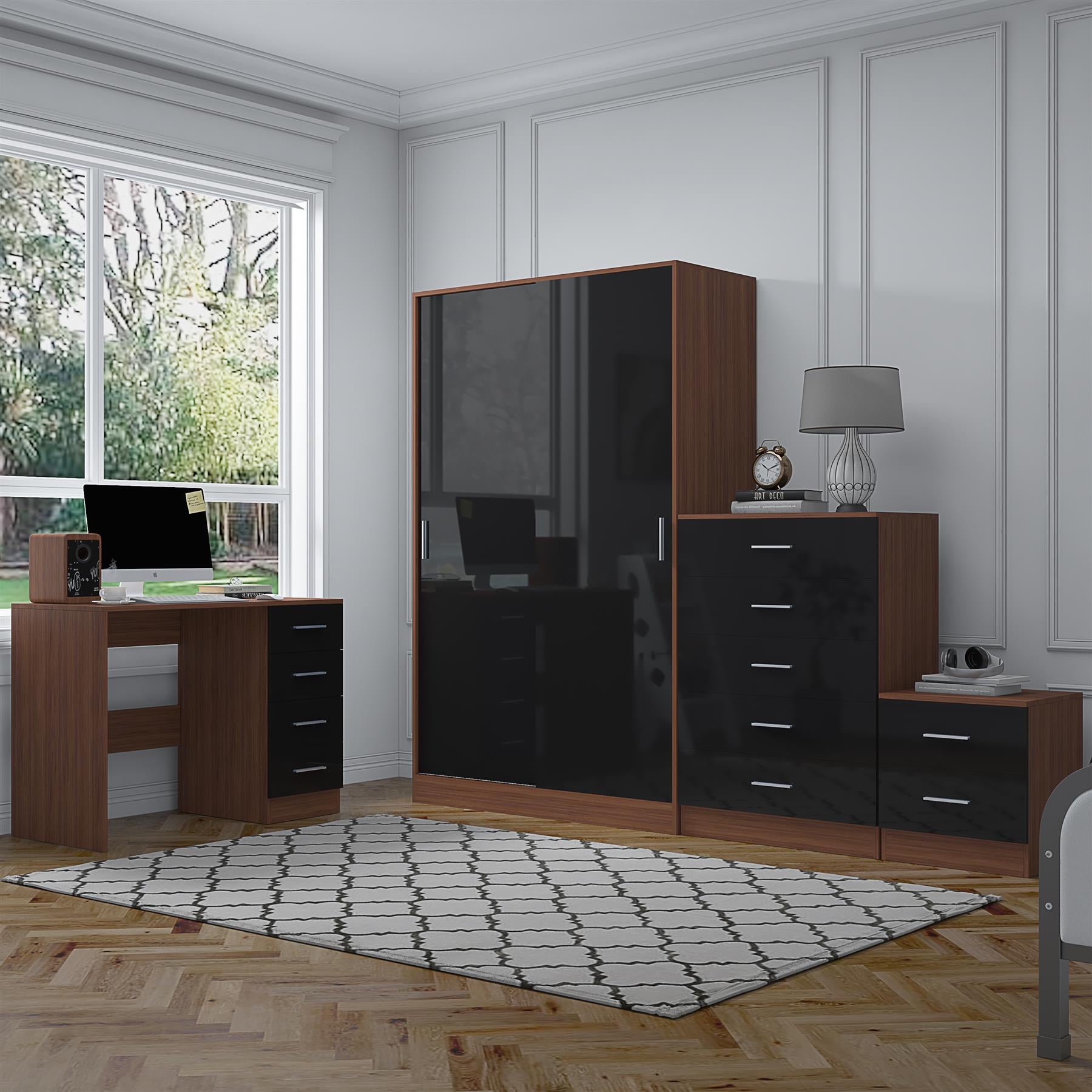 Reflect 2 Door Sliding Wardrobe, 5 Drawer Chest, 2 Drawer Bedside & Desk - Black Gloss & Walnut - Modern Bedroom Furniture Set