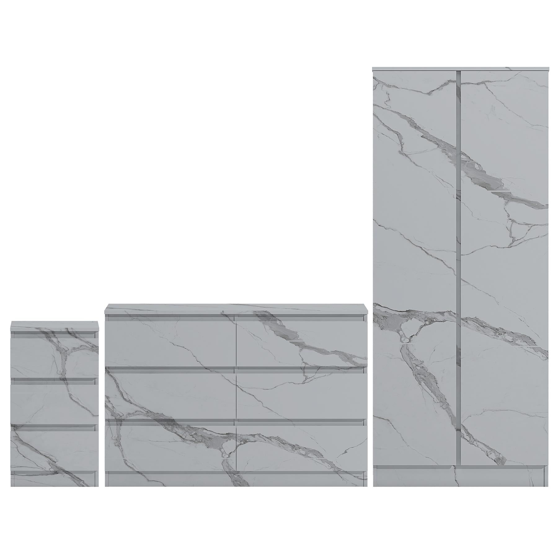 ZITA 3pc Set - 2 Door Wardrobe + Wide Chest + Bedside in White OR Grey Marble