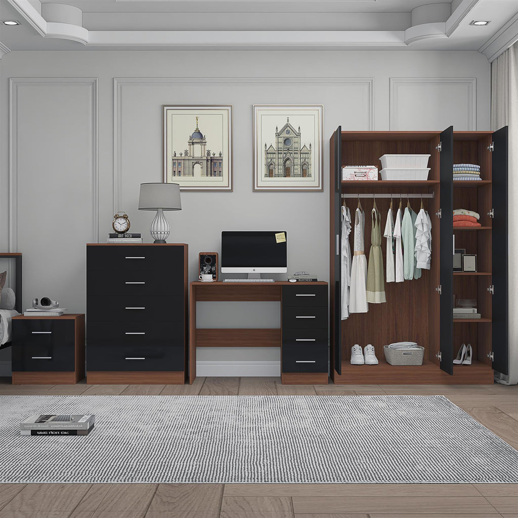 Reflect 3 Door Mirror Wardrobe, 5 Drawer Chest, 2 Drawer Bedside & Desk - Black Gloss & Walnut - Modern Bedroom Furniture Set