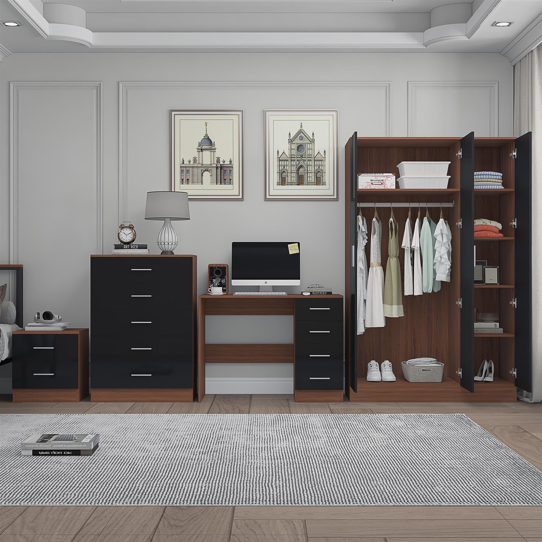 Reflect 3 Door Mirror Wardrobe, 5 Drawer Chest, 2 Drawer Bedside & Desk - Black Gloss & Walnut - Modern Bedroom Furniture Set