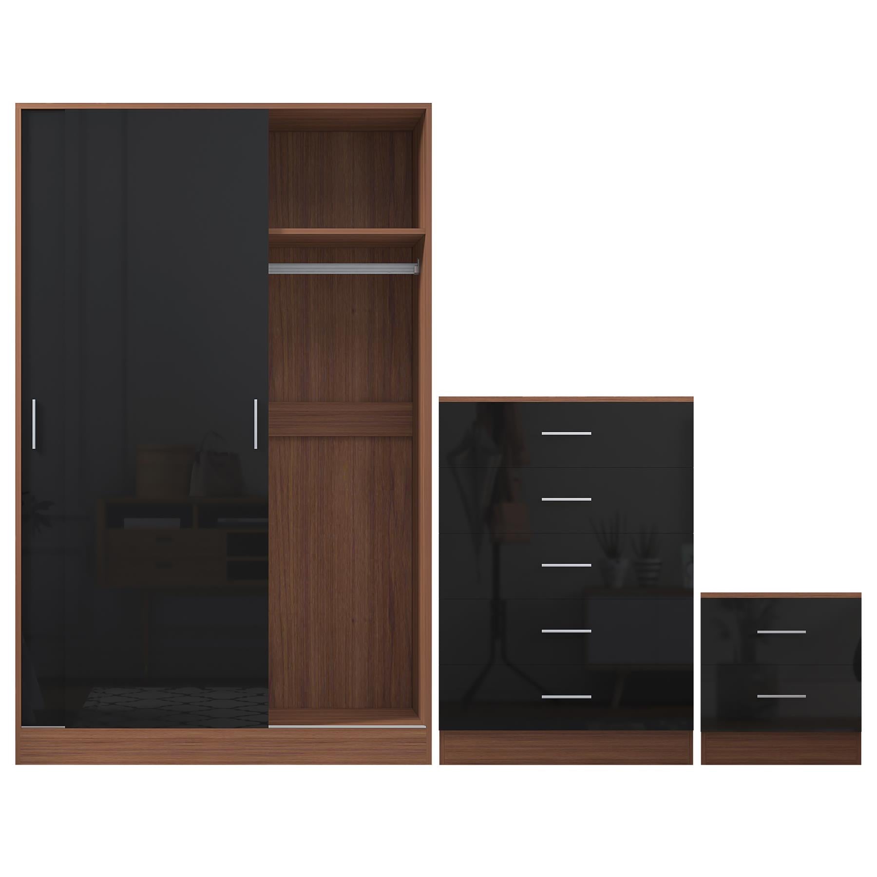 Reflect 2 Door Sliding Wardrobe, 5 Drawer Chest, 2 Drawer Bedside - Black Gloss & Walnut - Modern Bedroom Furniture Set