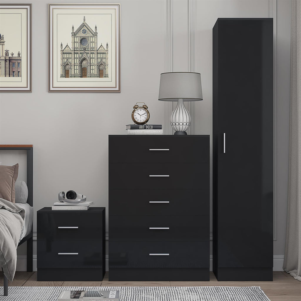 Reflect 1 Door Plain Wardrobe, 5 Drawer Chest, 2 Drawer Bedside - Black Gloss & Black Oak - Bedroom Furniture Set