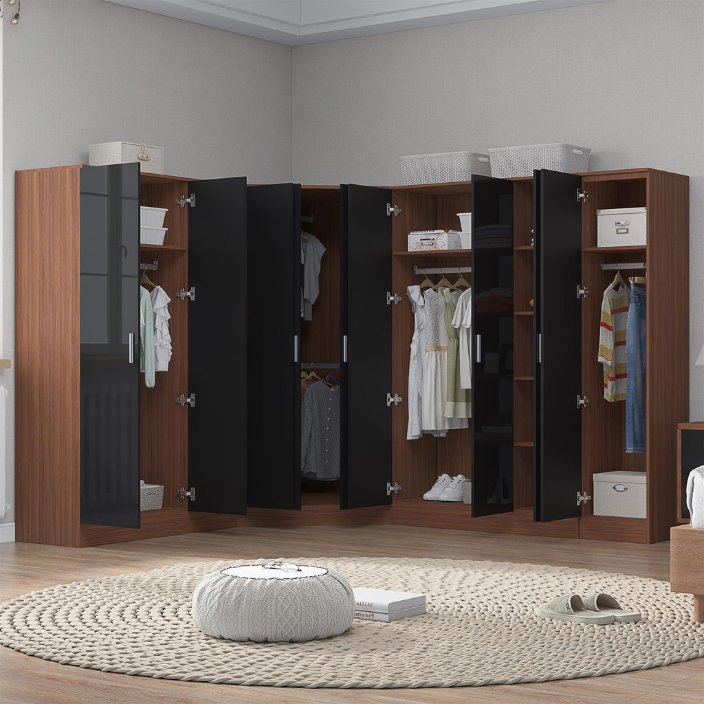 Reflect 4pc Wardrobe Bundle - 2 Door Corner + 2x 3 Door Plain + 1 Door Plain - Black Gloss & Walnut