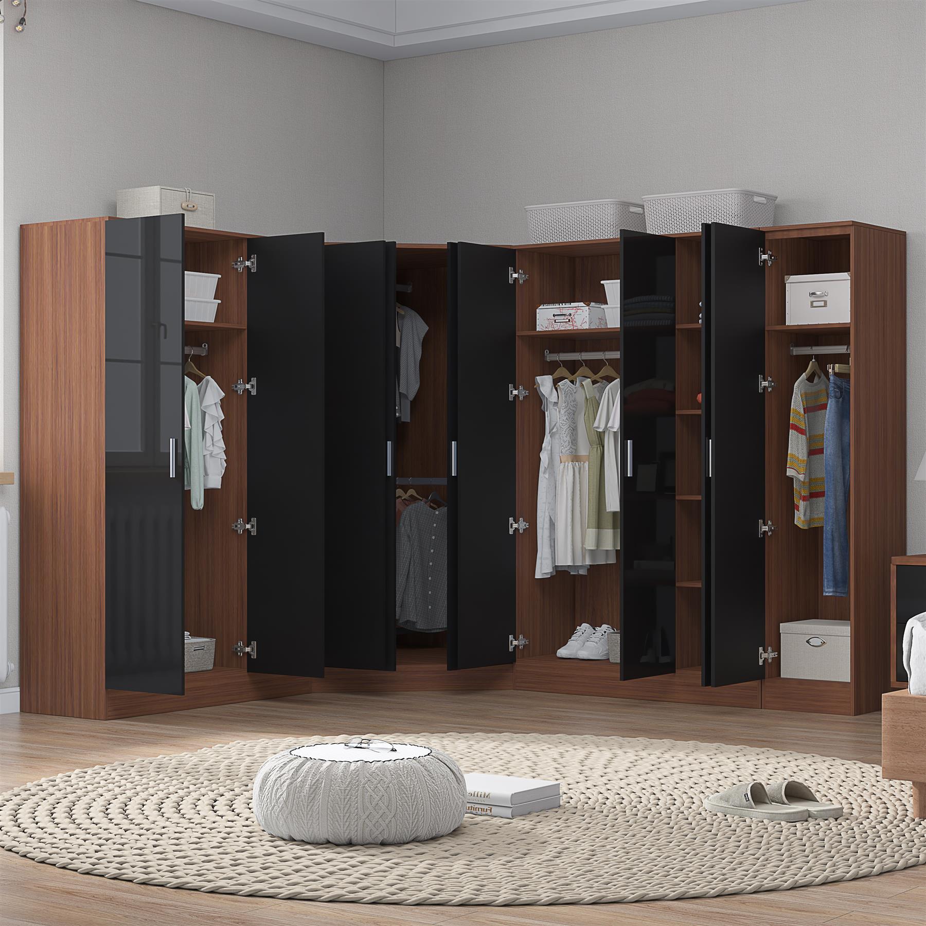 Reflect 4pc Wardrobe Bundle - 2 Door Corner + 2x 3 Door Plain + 1 Door Plain - Black Gloss & Walnut