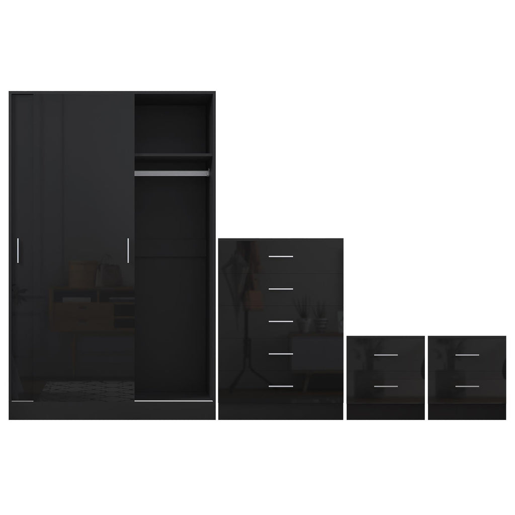 Reflect 2 Door Sliding Wardrobe, 5 Drawer Chest, 2x 2 Drawer Bedsides - Black Gloss & Black Oak - Modern Bedroom Furniture Set