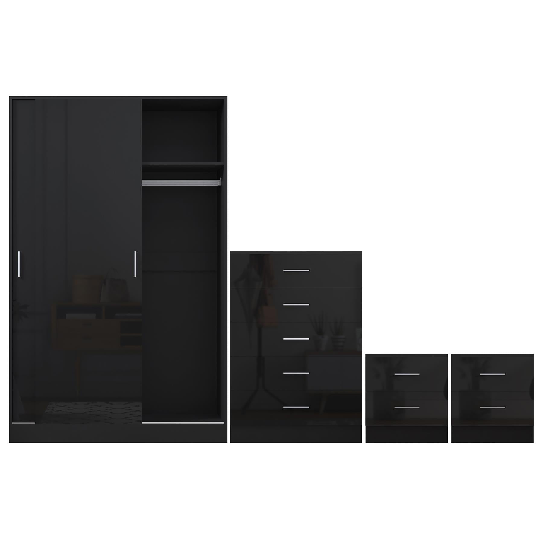 Reflect 2 Door Sliding Wardrobe, 5 Drawer Chest, 2x 2 Drawer Bedsides - Black Gloss & Black Oak - Modern Bedroom Furniture Set