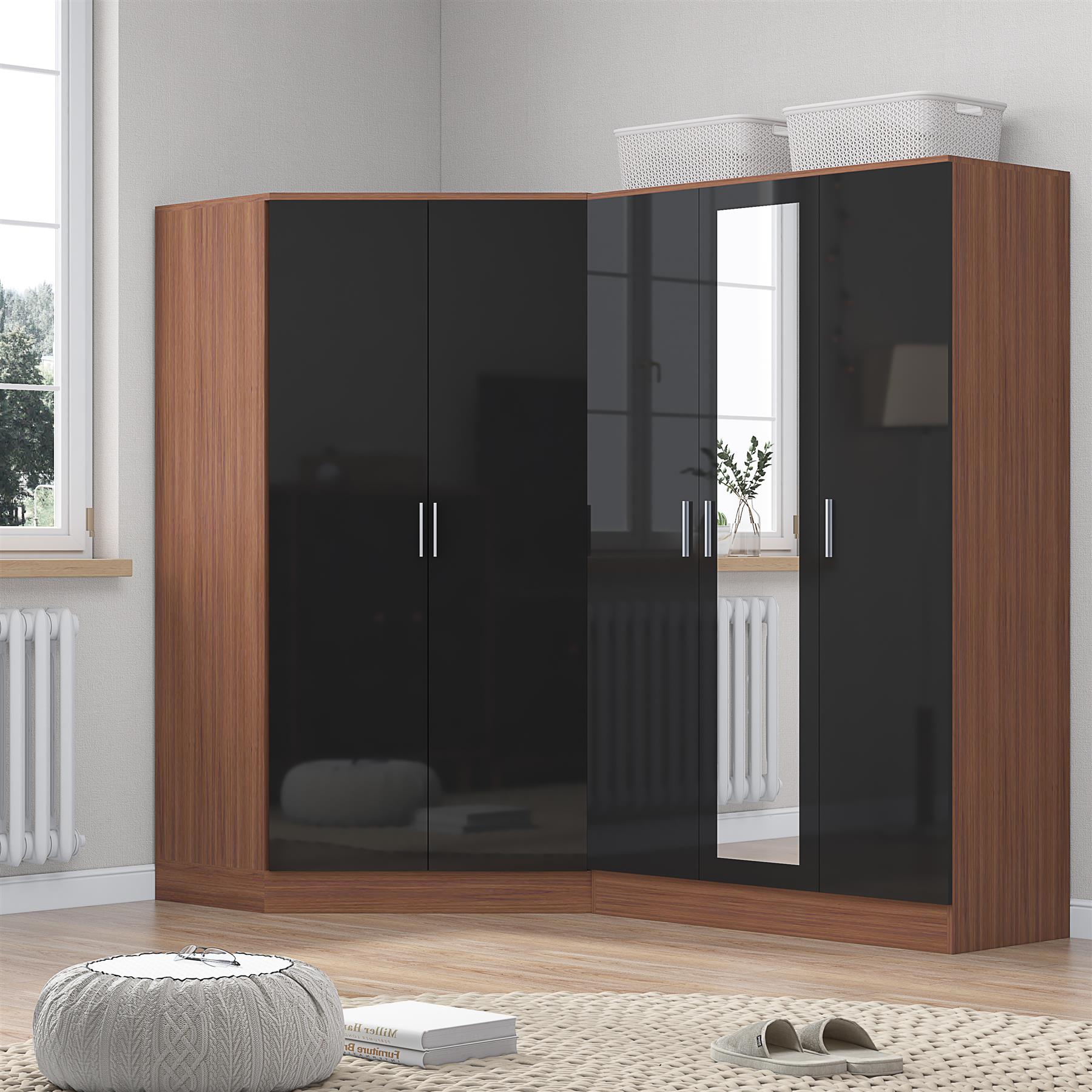 REFLECT Gloss 5 Door Wardrobe Bundle - 2 Door Corner + 3 Door Mirror Bedroom Set