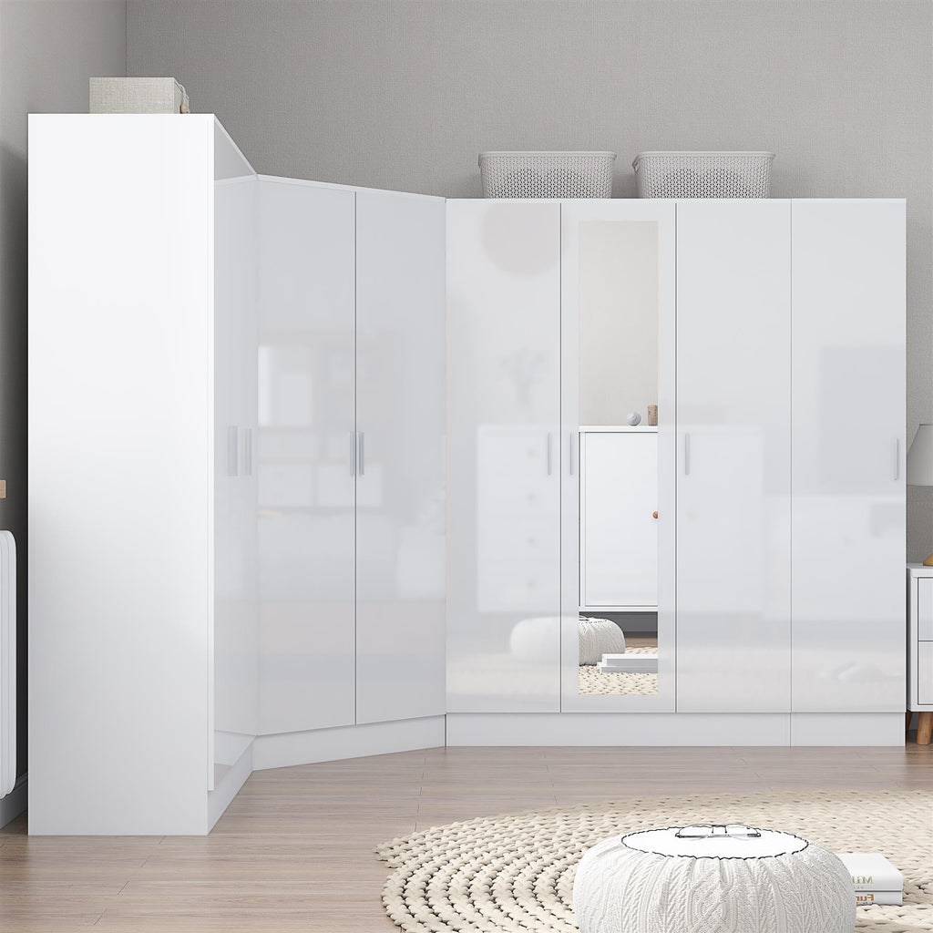 Reflect 4pc Wardrobe Bundle - 2 Door Corner + 3 Door Mirror + 3 Door Plain + 1 Door Plain - White Gloss & Matt White