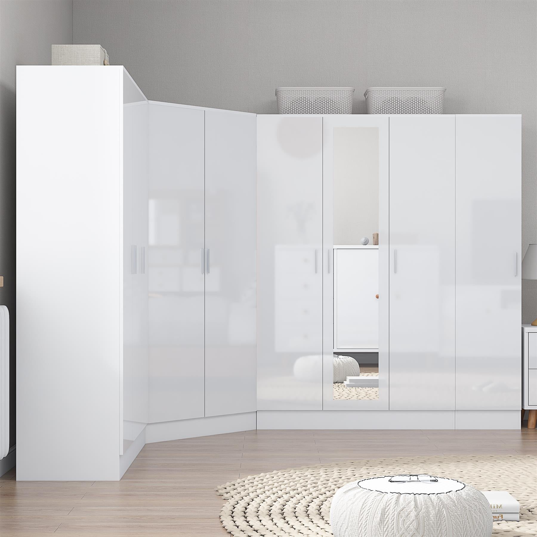 Reflect 4pc Wardrobe Bundle - 2 Door Corner + 3 Door Mirror + 3 Door Plain + 1 Door Plain - White Gloss & Matt White