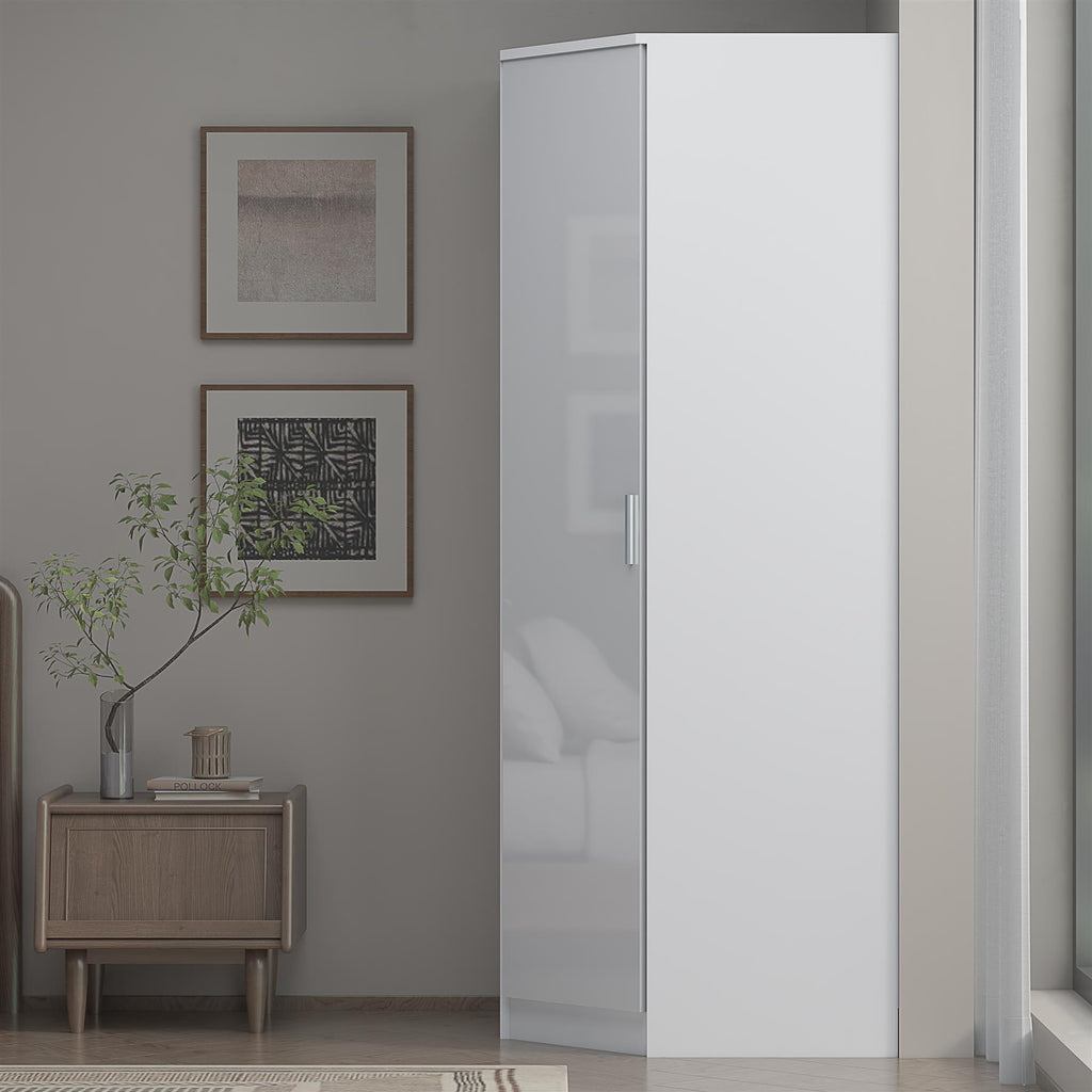 Reflect 1 Door Corner Wardrobe - White Gloss & Matt White - 2 Hanging Rails & 8 Shelves - H: 180cm x W: 74.4cm - Modern Design