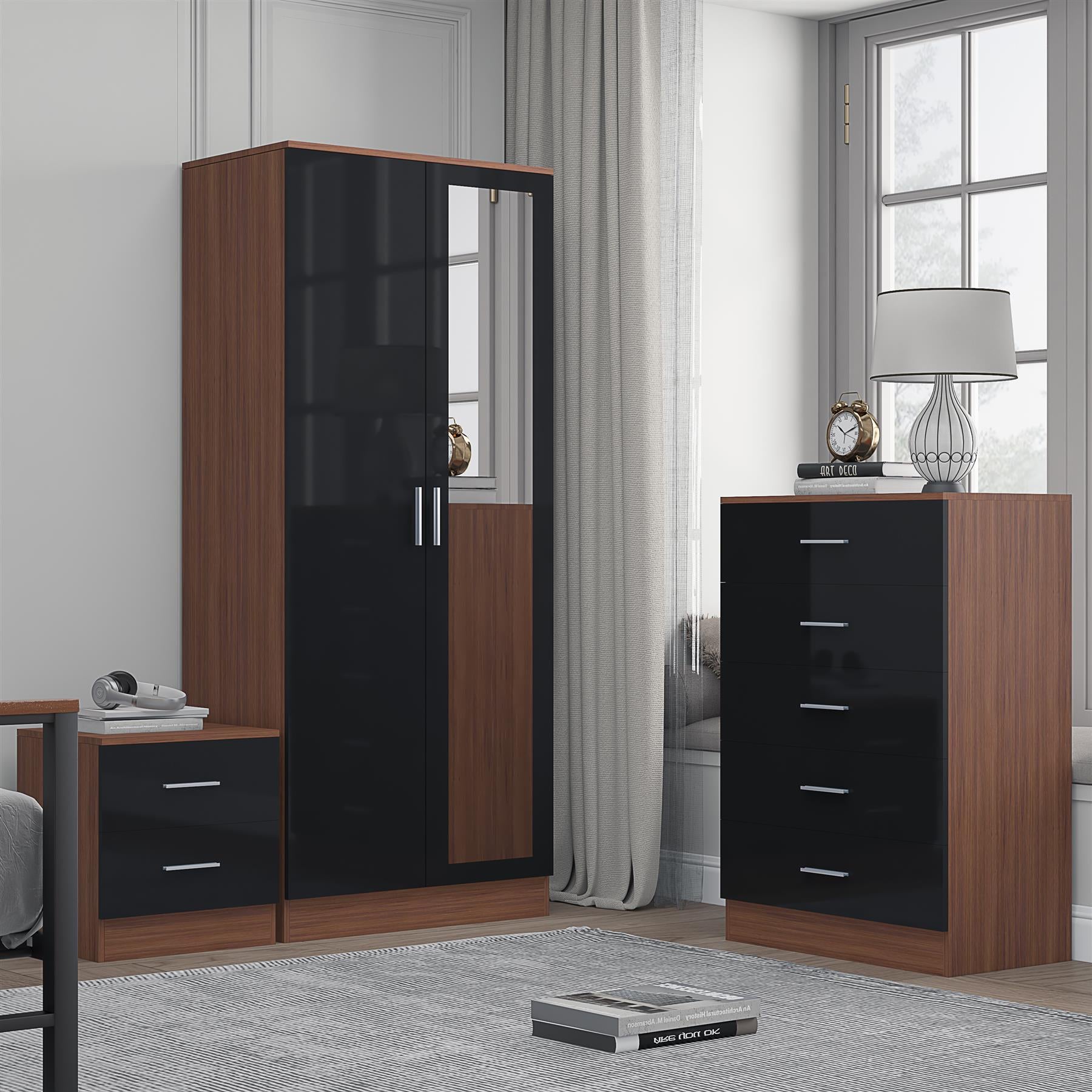 Reflect 2 Door Mirror Wardrobe, 5 Drawer Chest, 2 Drawer Bedside - Black Gloss & Walnut - Modern Bedroom Furniture Set