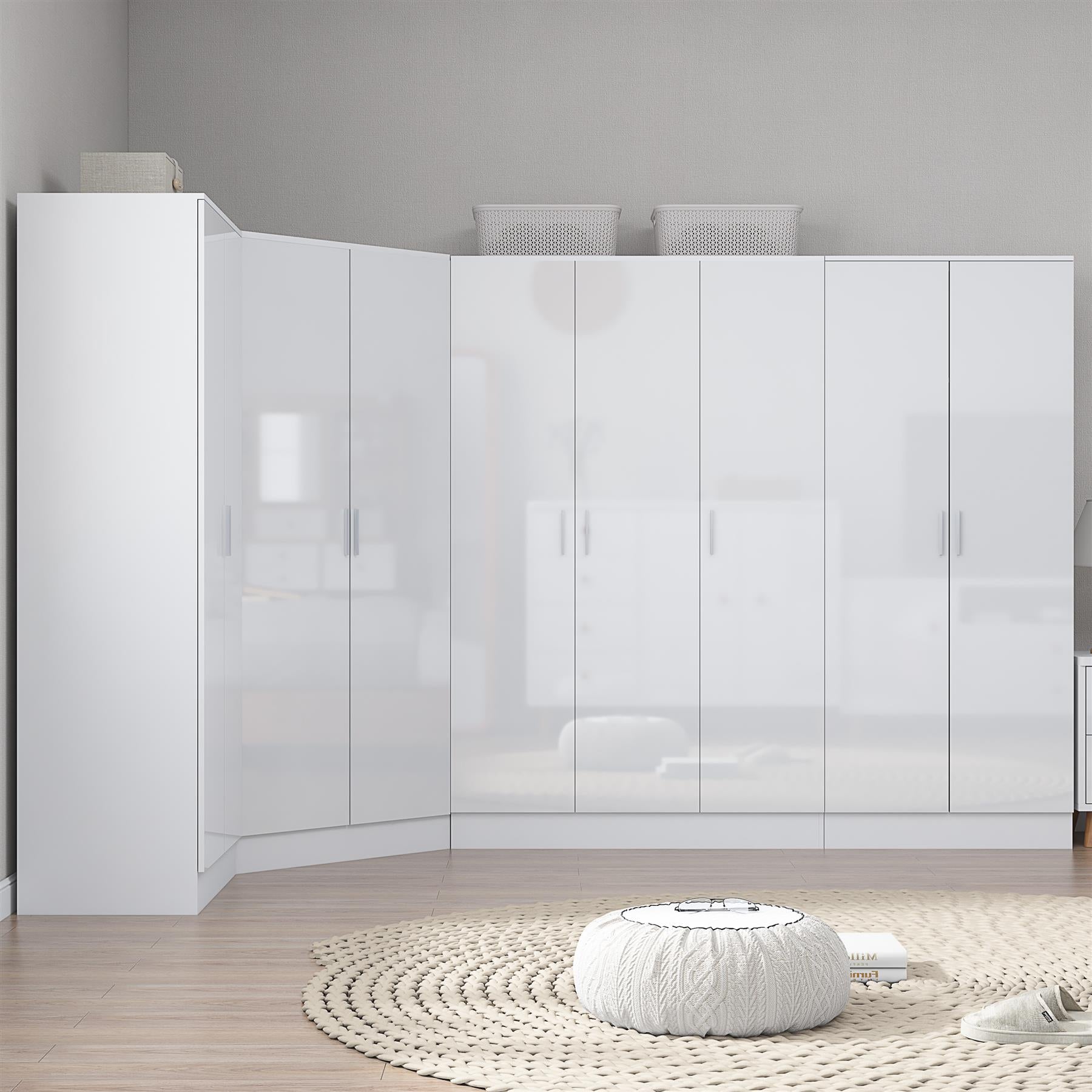 Reflect 4pc Wardrobe Bundle - 2 Door Corner + 3 Door Plain + 2x 2 Door Plain - White Gloss & Matt White
