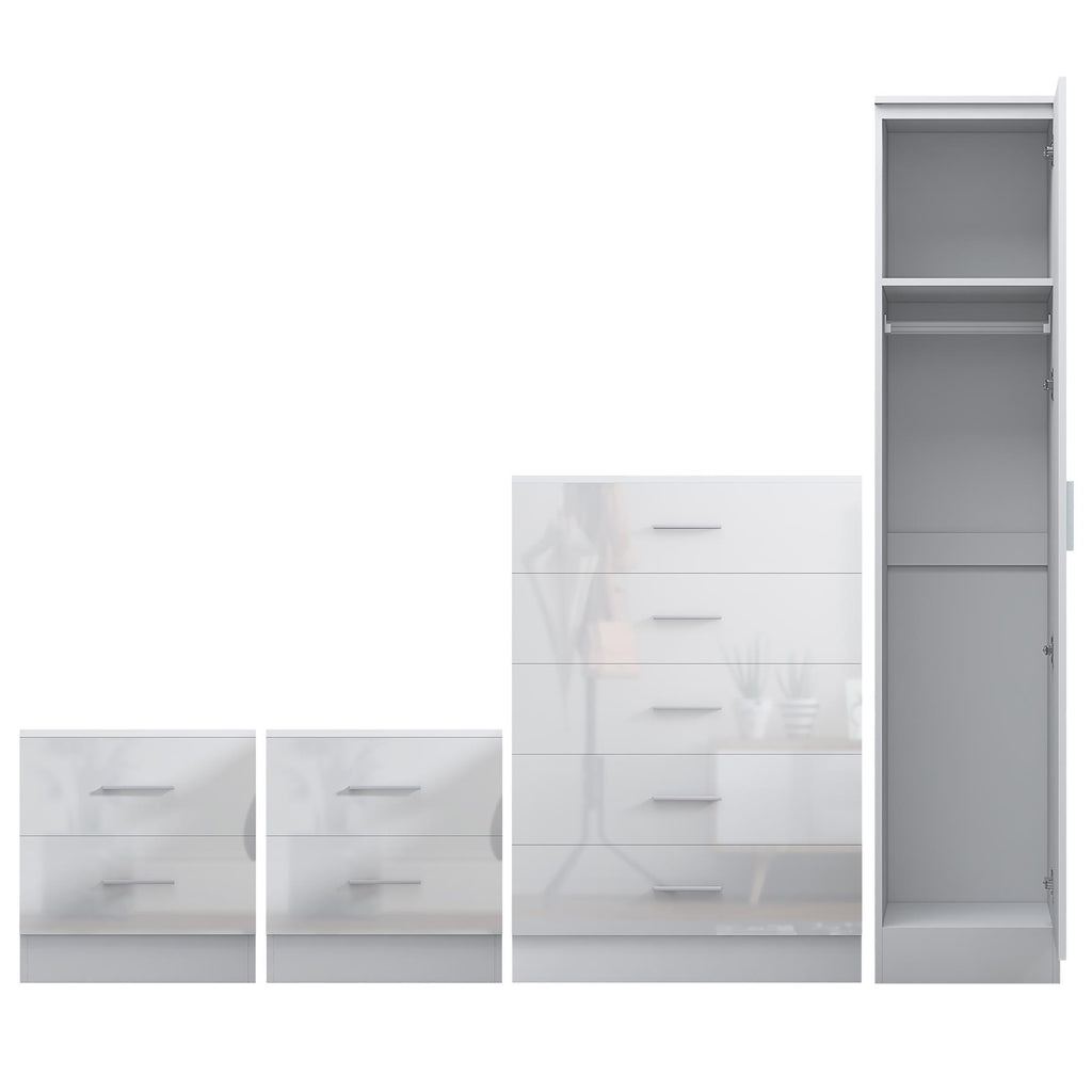 Reflect 1 Door Plain Wardrobe, 5 Drawer Chest, 2x 2 Drawer Bedsides - White Gloss & Matt White - Modern Bedroom Furniture Set