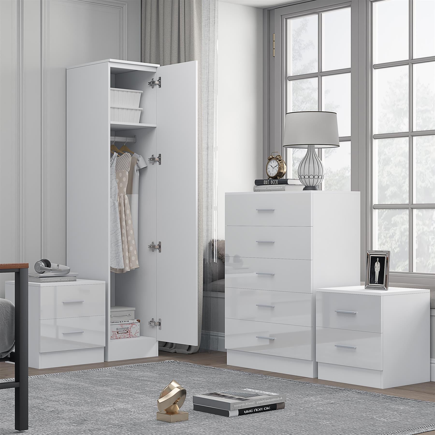 REFLECT Gloss 4pc Bedroom Set - 1 Door Wardrobe + 5 Draw Chest + 2 Bedsides