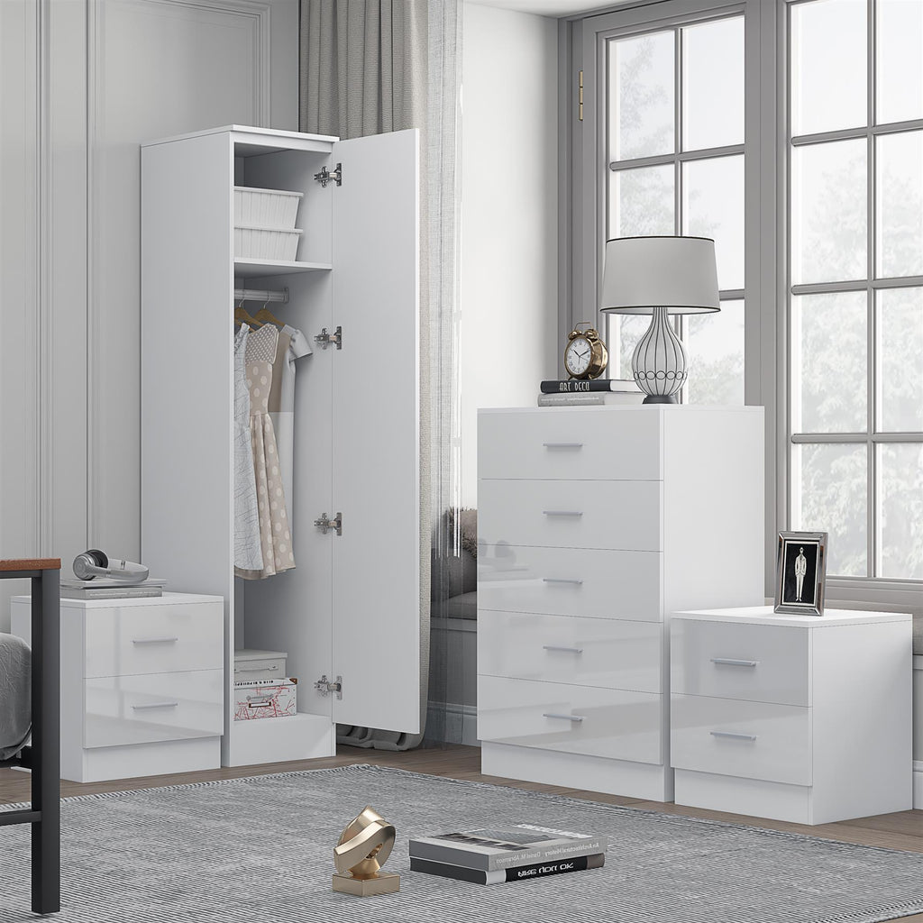 Reflect 1 Door Plain Wardrobe, 5 Drawer Chest, 2x 2 Drawer Bedsides - White Gloss & Matt White - Modern Bedroom Furniture Set
