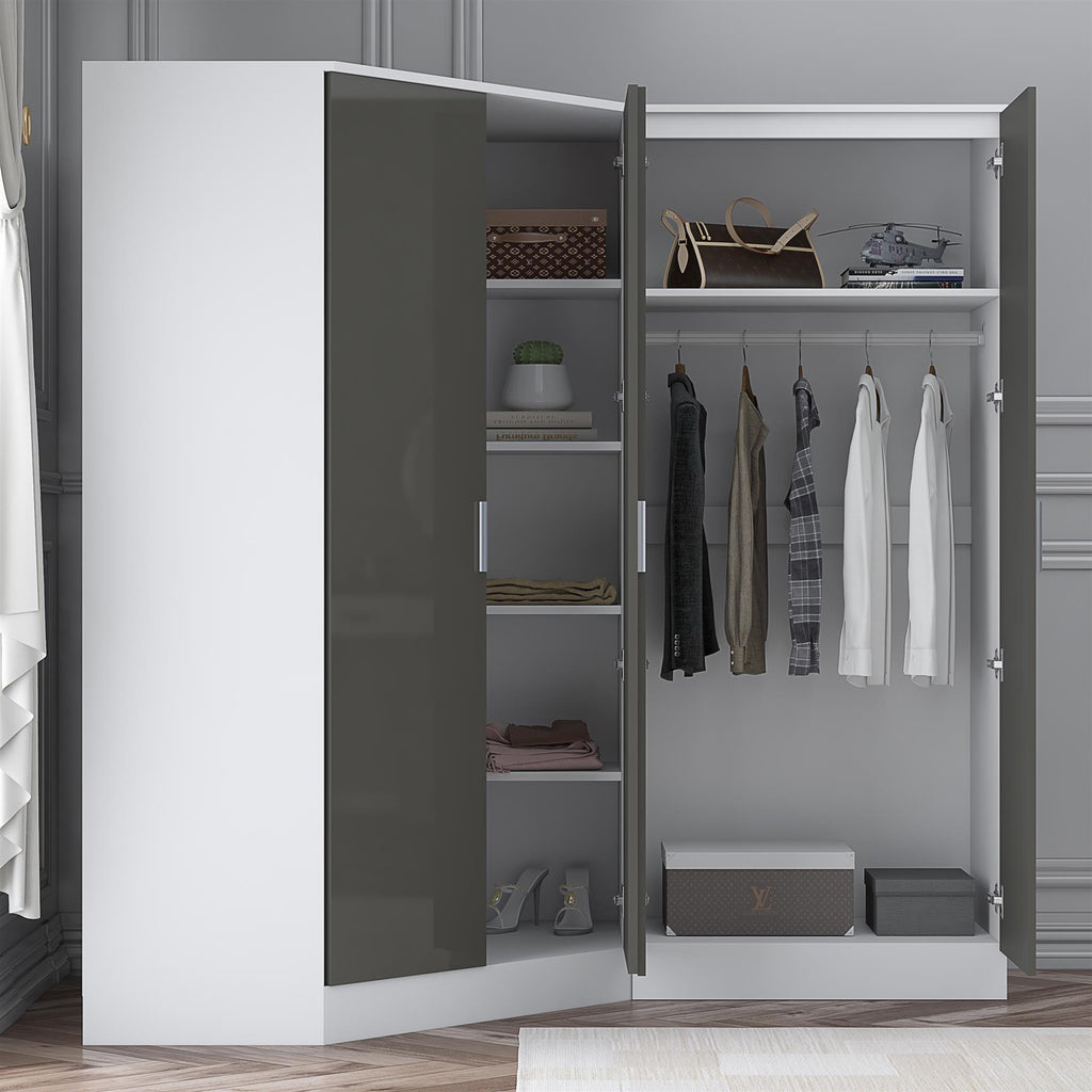 Reflect 2pc Wardrobe Bundle - 2 Door Corner + 2 Door Mirror - Grey Gloss & Matt White - H: 180cm x W: 179cm x D: 103cm