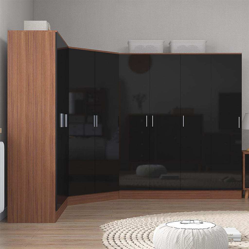 Reflect 4pc Wardrobe Bundle - 2 Door Corner + 2x 3 Door Plain + 1 Door Plain - Black Gloss & Walnut