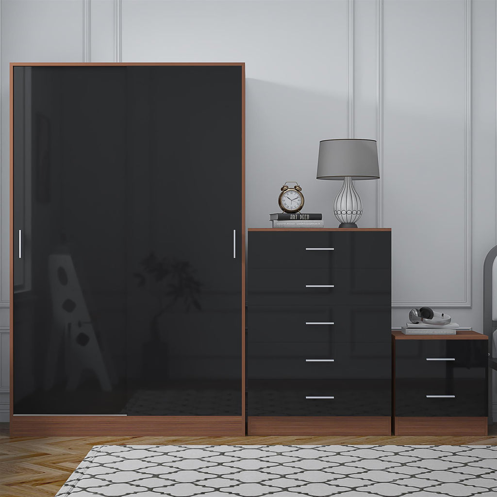 Reflect 2 Door Sliding Wardrobe, 5 Drawer Chest, 2 Drawer Bedside - Black Gloss & Walnut - Modern Bedroom Furniture Set
