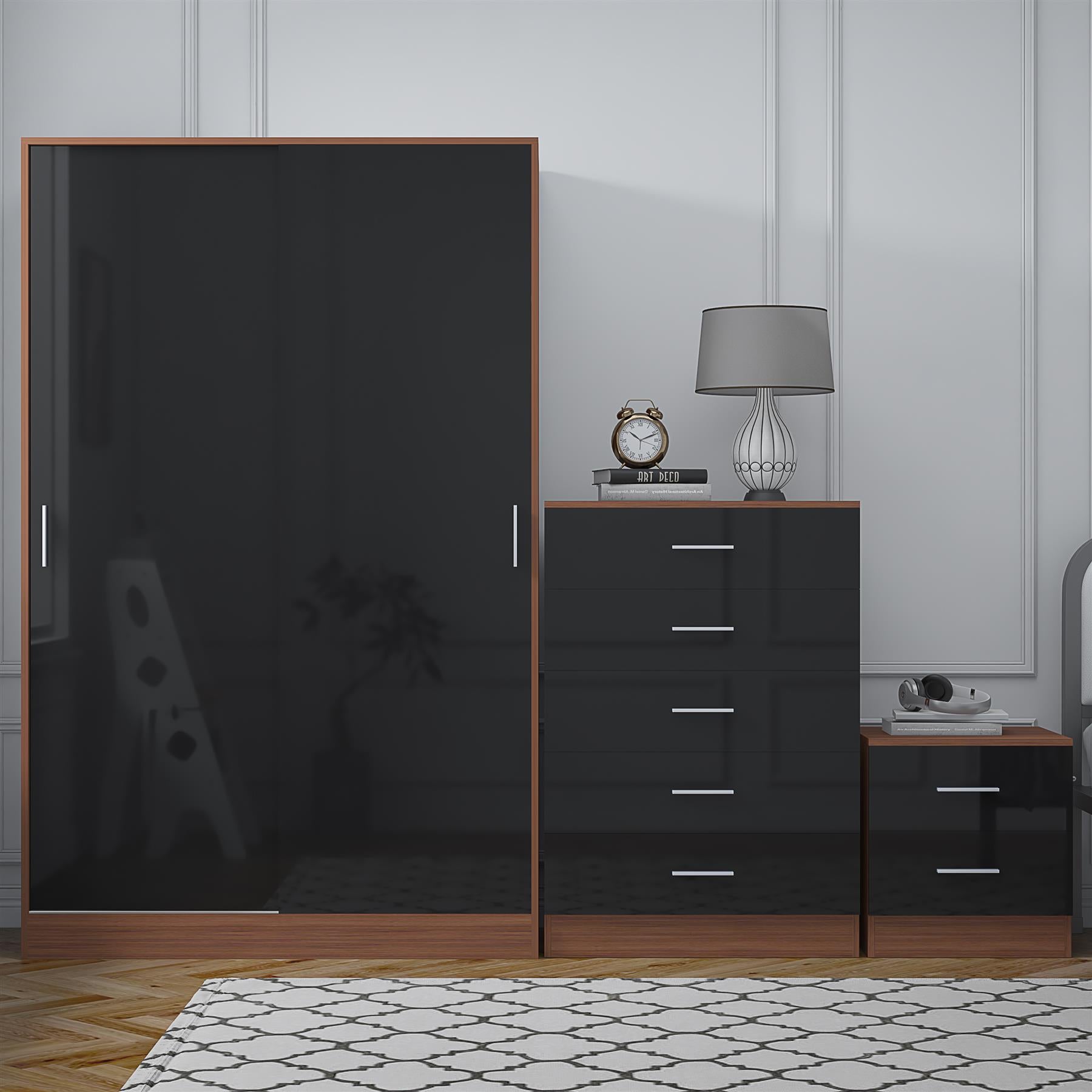 Reflect 2 Door Sliding Wardrobe, 5 Drawer Chest, 2 Drawer Bedside - Black Gloss & Walnut - Modern Bedroom Furniture Set