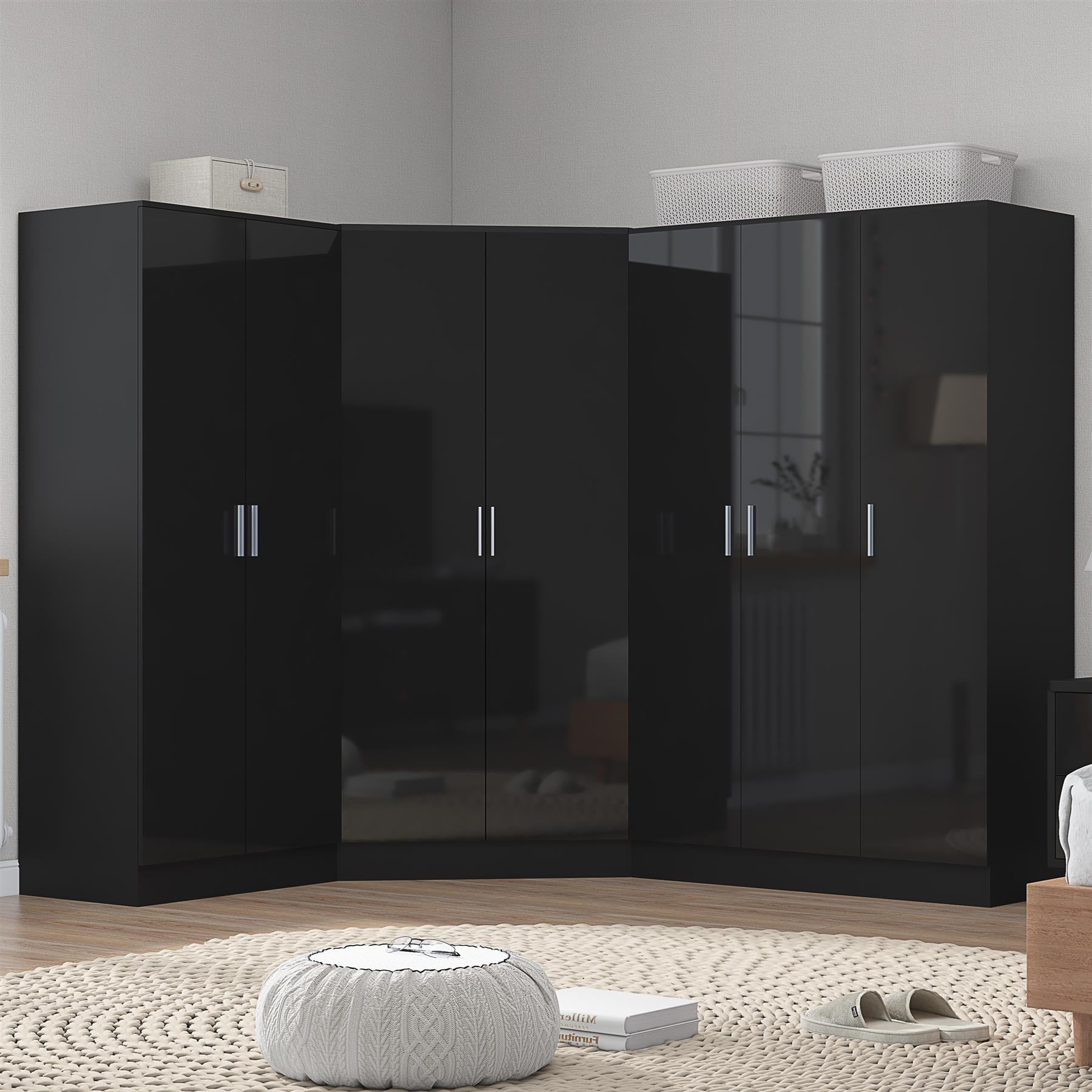 Reflect 4pc Wardrobe Bundle - 2 Door Corner + 3 Door Plain + 2 Door Plain - Black Gloss & Black Oak