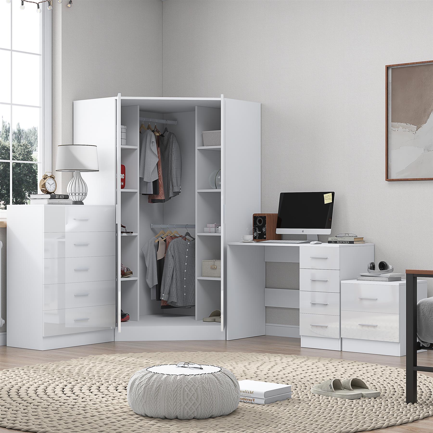 REFLECT Gloss 4pc Set - 2 Door Corner Wardrobe + 5 Draw Chest + Bedside + Desk
