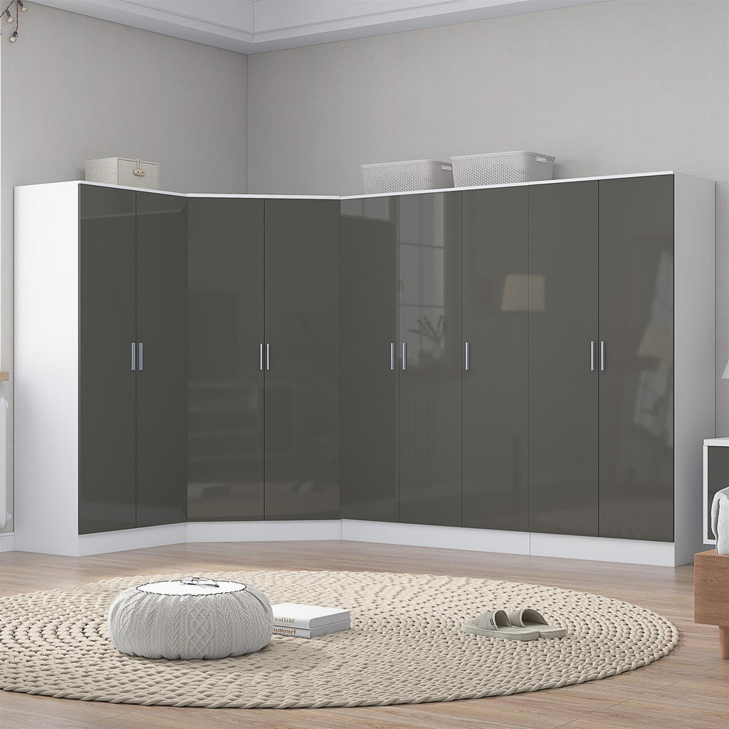 Reflect 4pc Wardrobe Bundle - 2 Door Corner + 3 Door Plain + 2x 2 Door Plain - Grey Gloss & Matt White