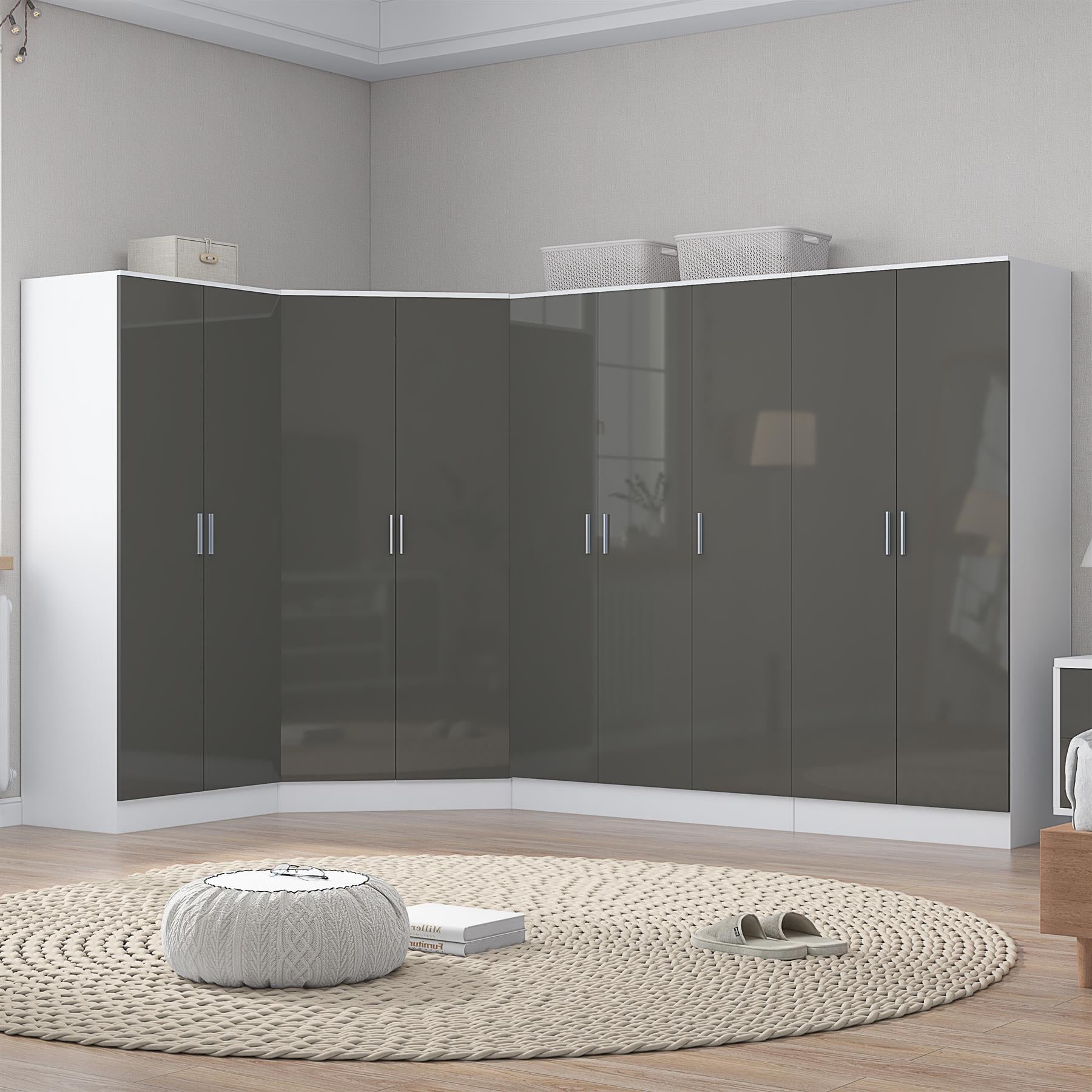 Reflect 4pc Wardrobe Bundle - 2 Door Corner + 3 Door Plain + 2x 2 Door Plain - Grey Gloss & Matt White