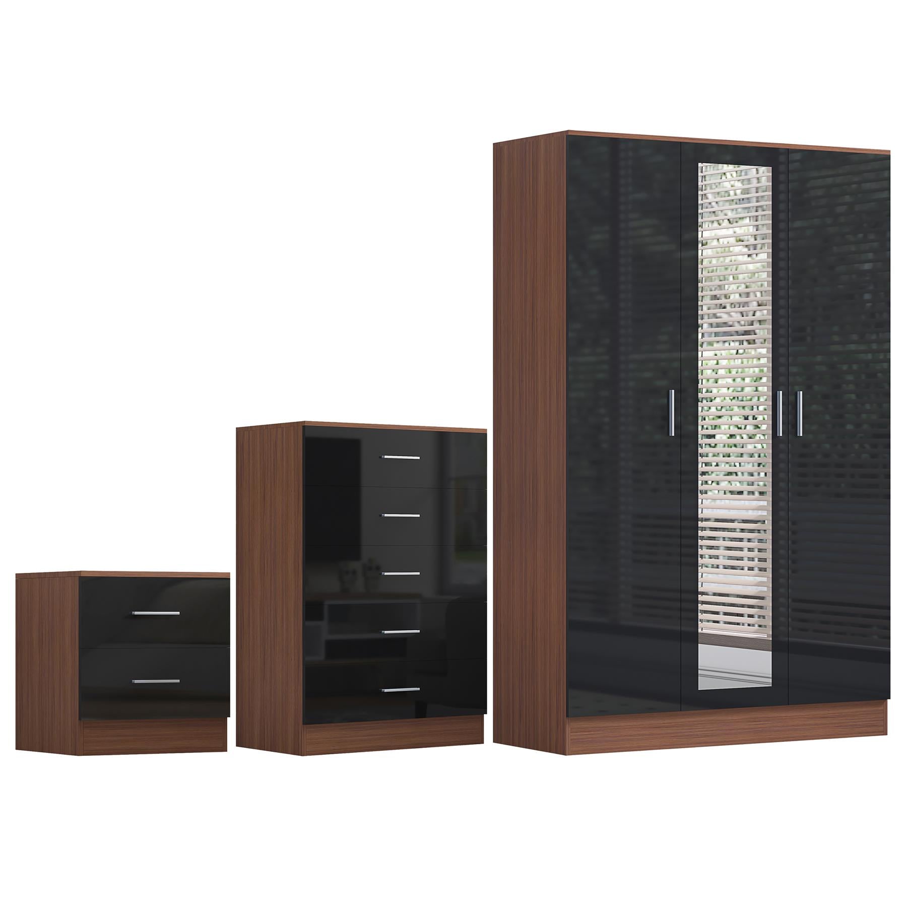 REFLECT Gloss 3pc Set - 3 Door Mirrored Wardrobe + 5 Draw Chest + Bedside